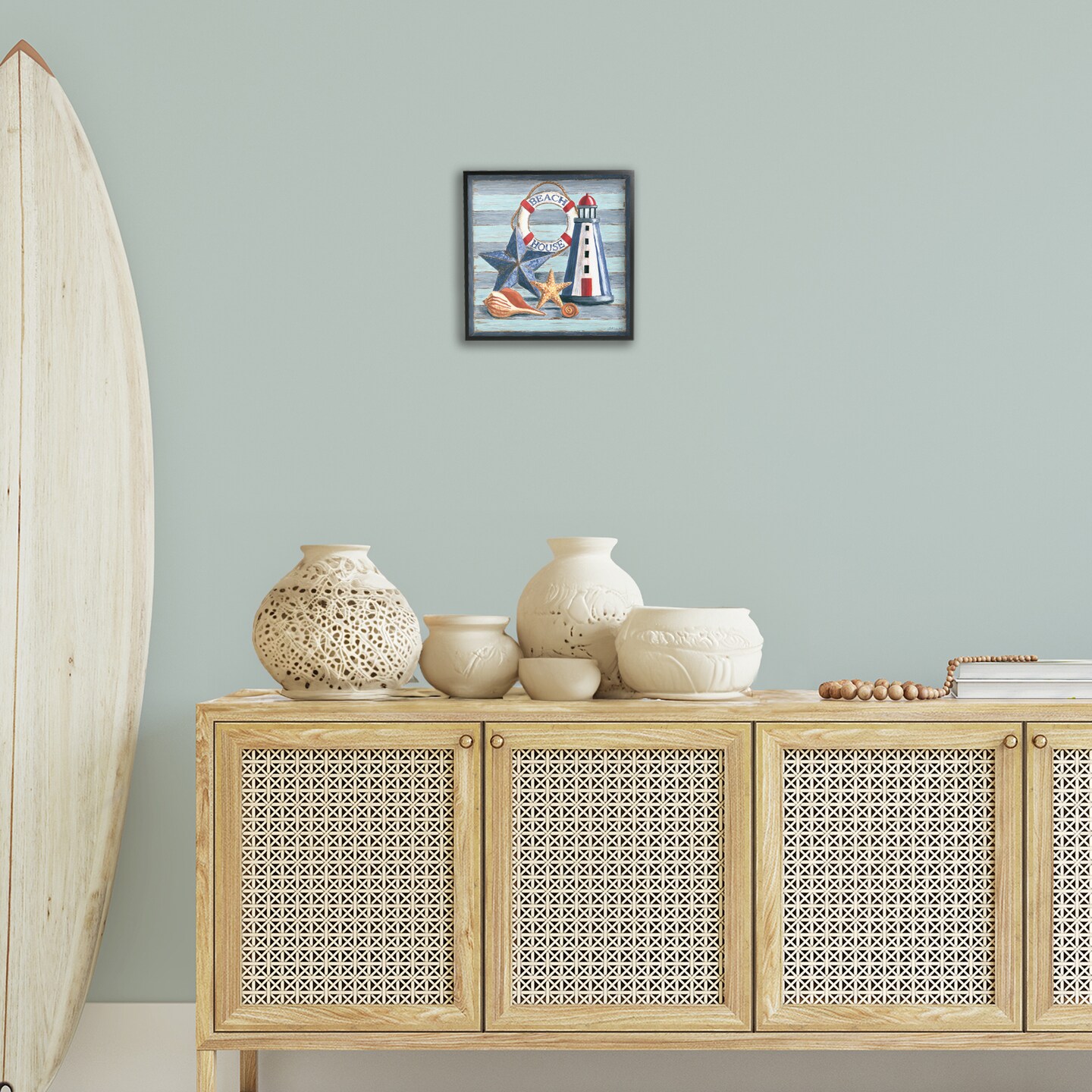 Stupell Industries Rustic Beach House on Stripes Framed Giclee Wall Art Design by Jennifer Brinley