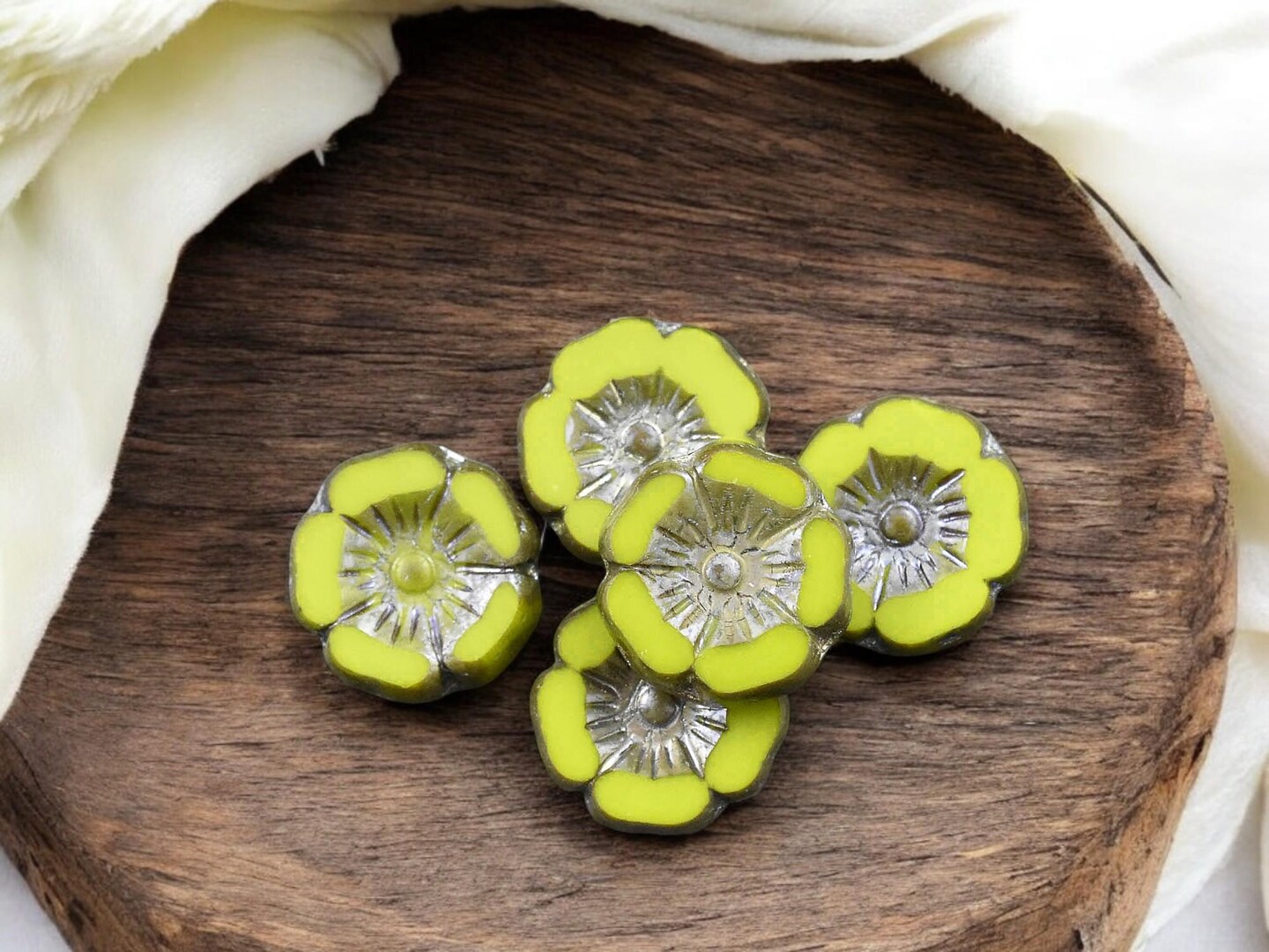 *12* 12mm Opaque Chartreuse Picasso Luster Hawaiian Flower Beads