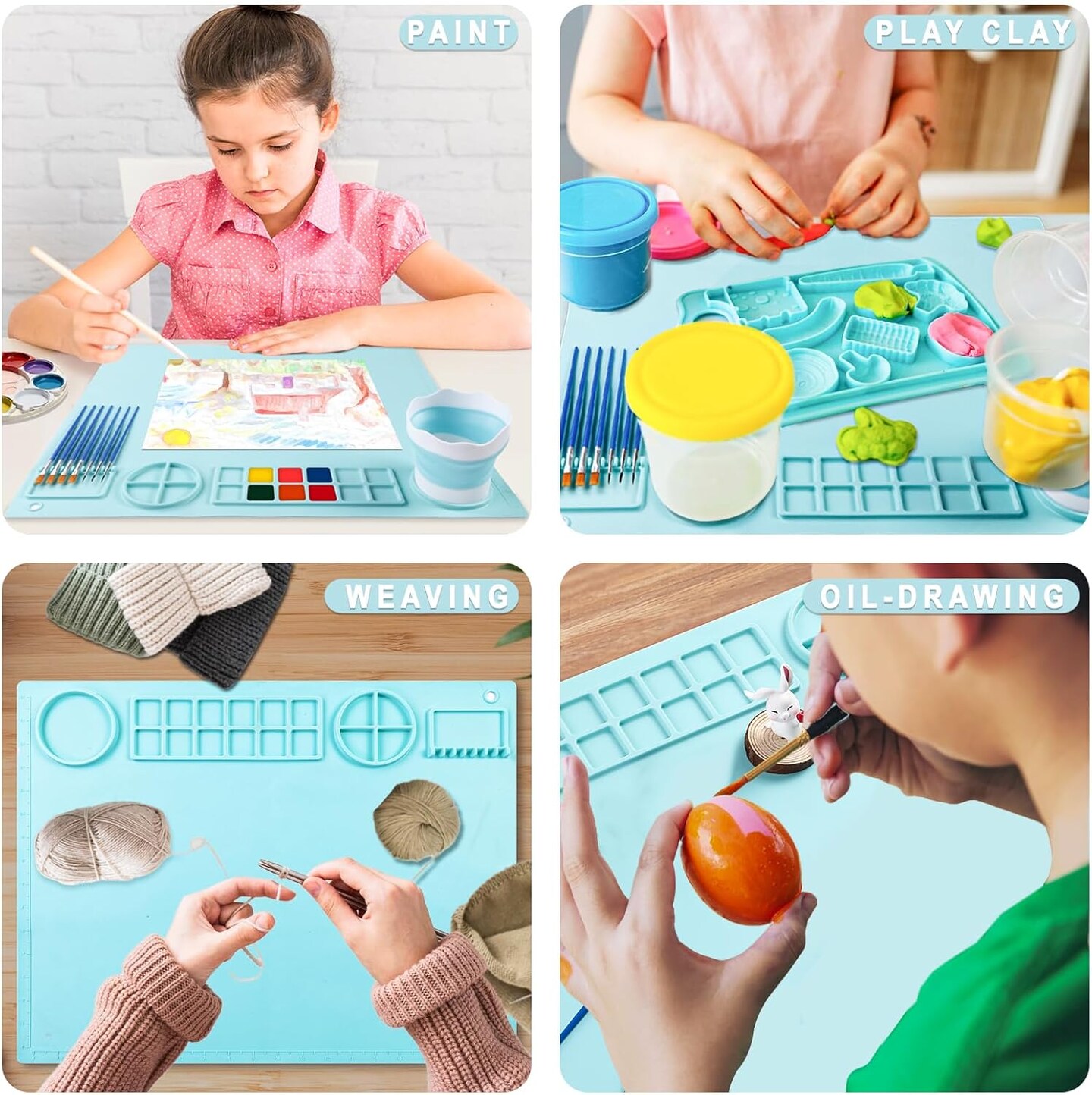 Silicone Craft Mat 20X16 Inch Large Silicone Art mat with Detachable Cup Painting Mat with 10 Painting Brushes Silicone Drawing Mat Sheets for Kids Adult DIY Accessories (Blue)