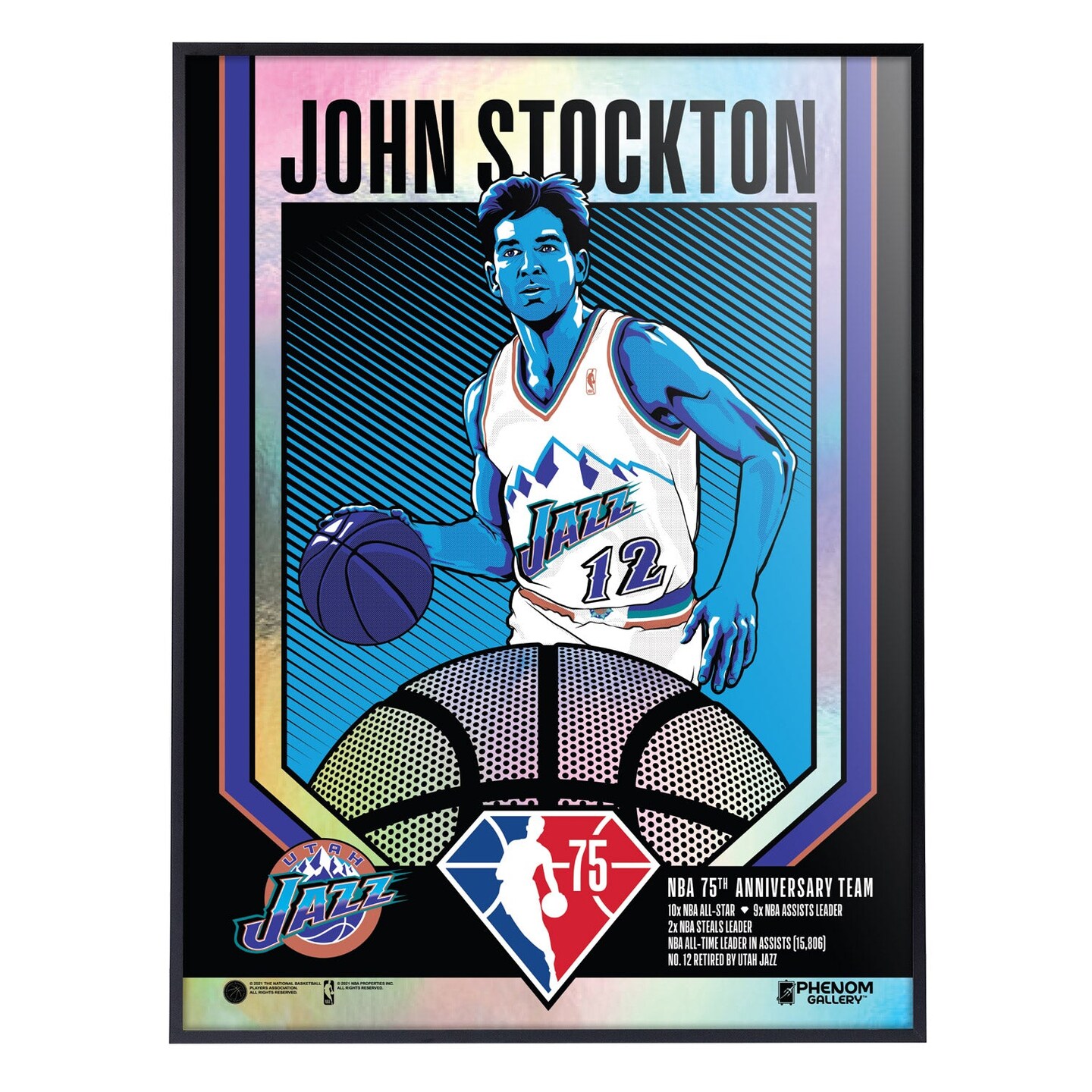 Phenom Gallery Utah Jazz 75th Anniversary John Stockton 18&#x22; x 24&#x22; Deluxe Framed Foil Serigraph (Printer Proof)