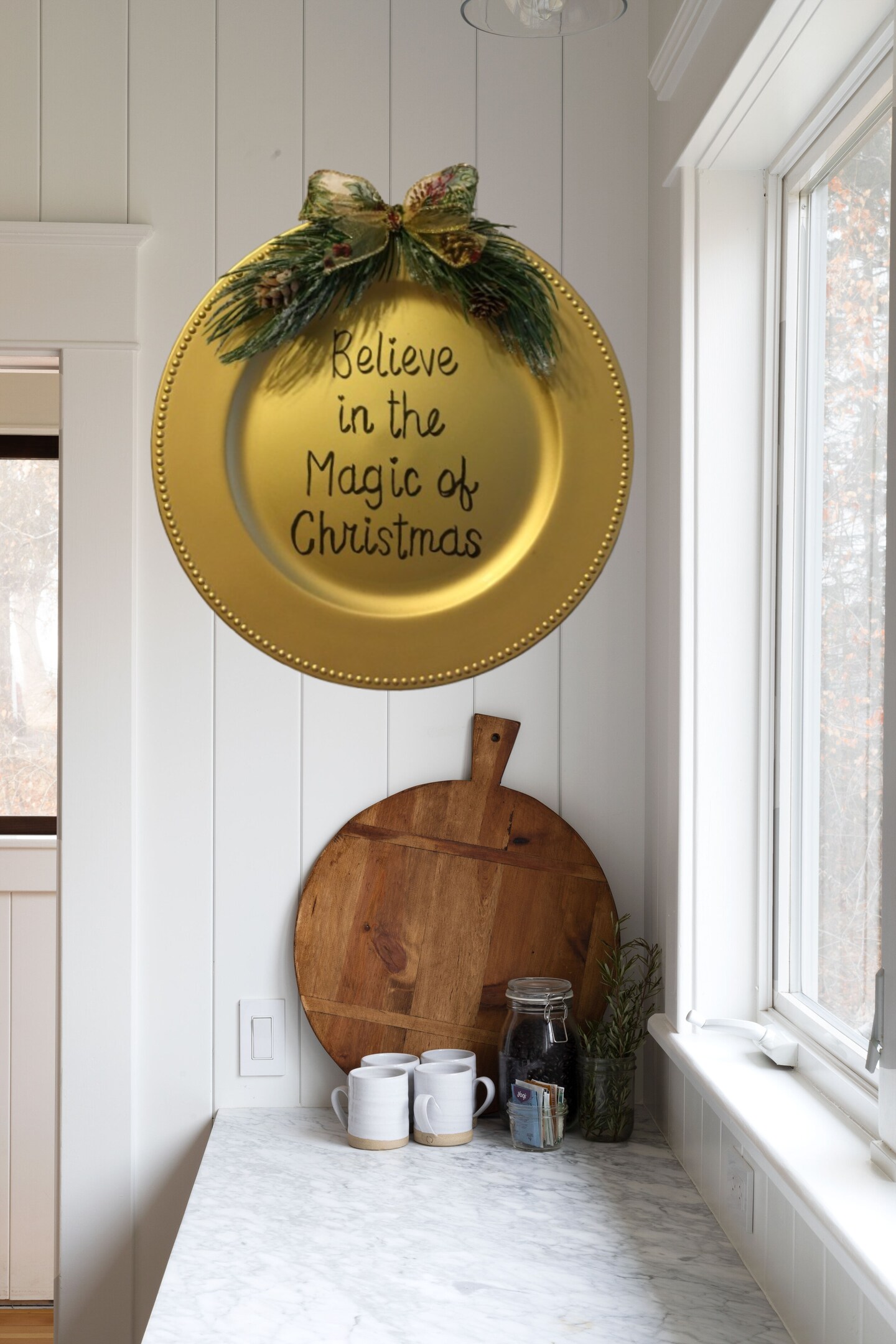 Dollar Tree Plastic Gold CHARGER PLATE Christmas Holiday Wall Art BELIEVE IN THE MAGIC OF CHRISTMAS Handmade Gift - image9