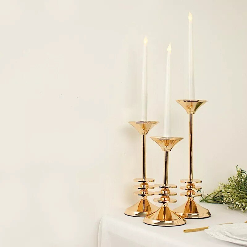 3 Gold Candlestick Stands 3-Disk Design Taper CANDLE HOLDERS Set Party Events