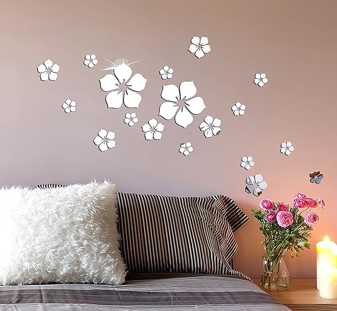 Acrylic Mirror Floral Wall Stickers Self Adhesive Mirror Wall Decor Removable Mirror Decor 3D Flower DIY Wall Sticker for Living Room Bedroom Bathroom (Silver)