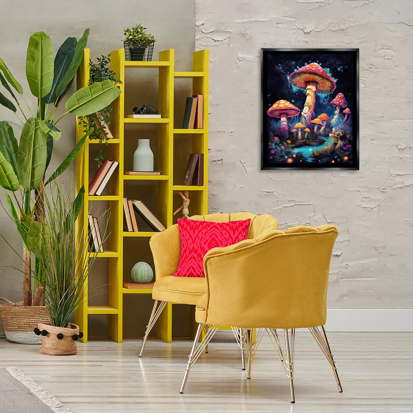 Stupell Industries Psychedelic Mushroom Scene Framed Floater Canvas Wall Art Design by Nina Blue