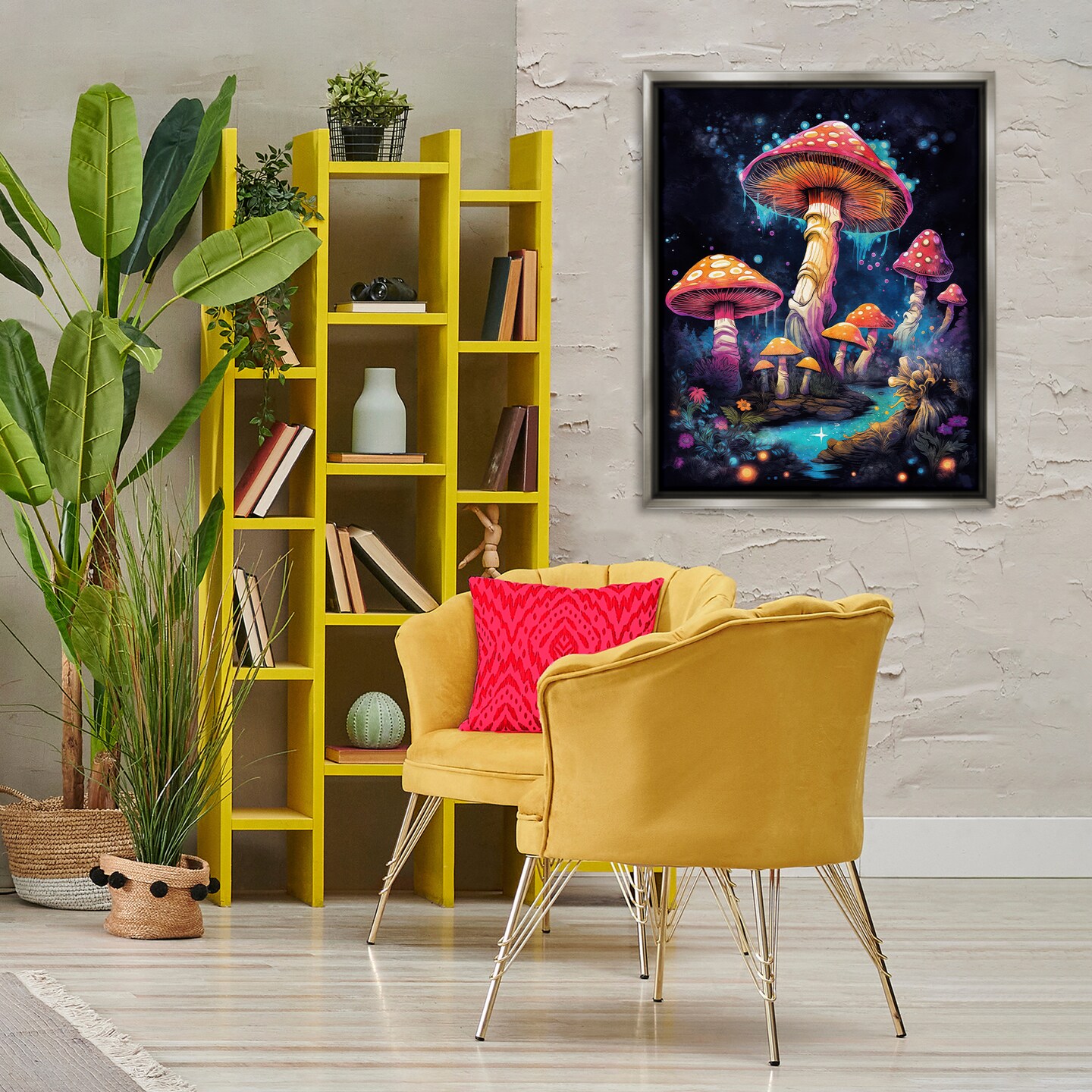 Stupell Industries Psychedelic Mushroom Scene Framed Floater Canvas Wall Art Design by Nina Blue