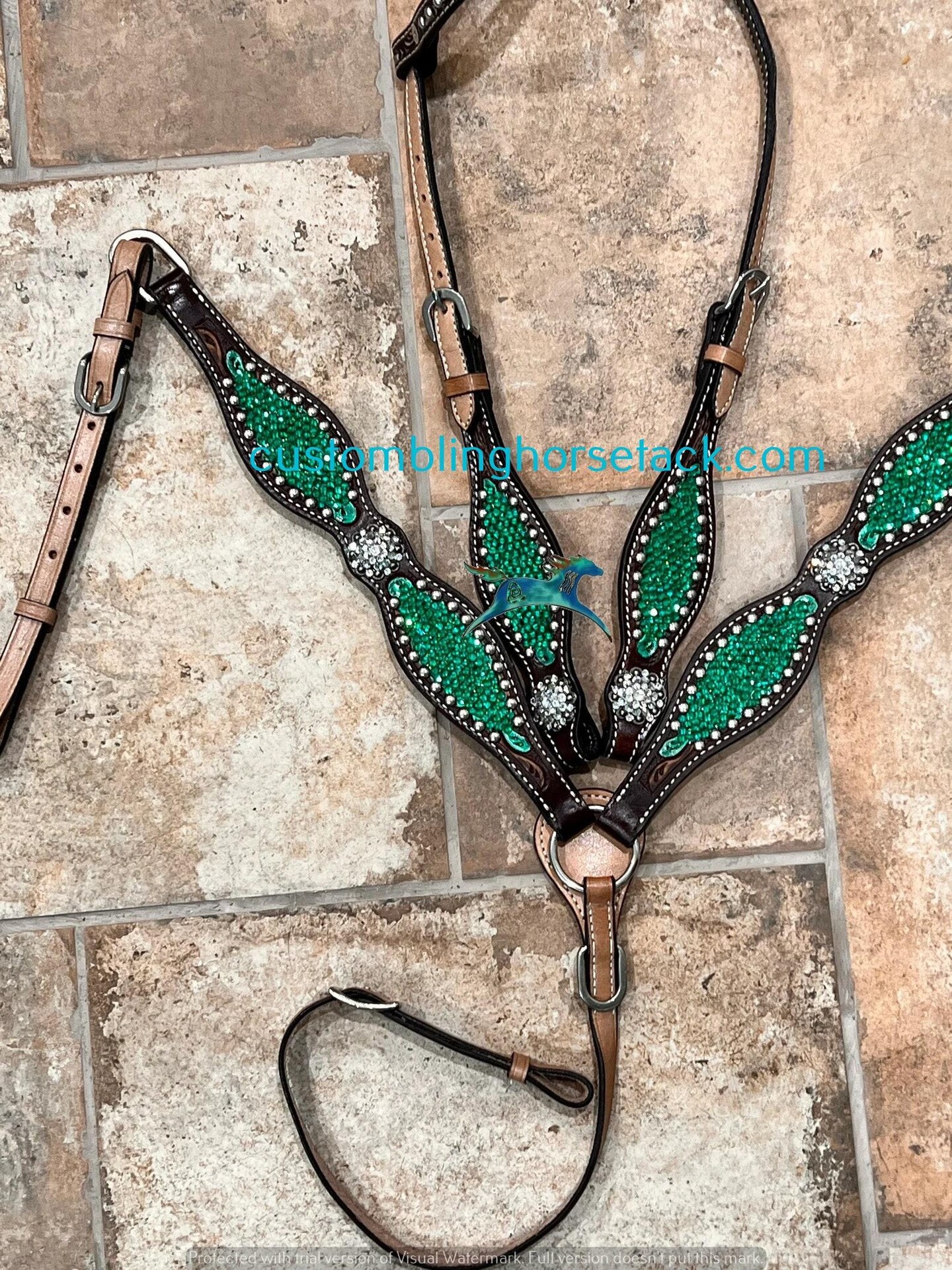 Emerald Green Crystal One Ear Bridle Breast Collar Set Barrels