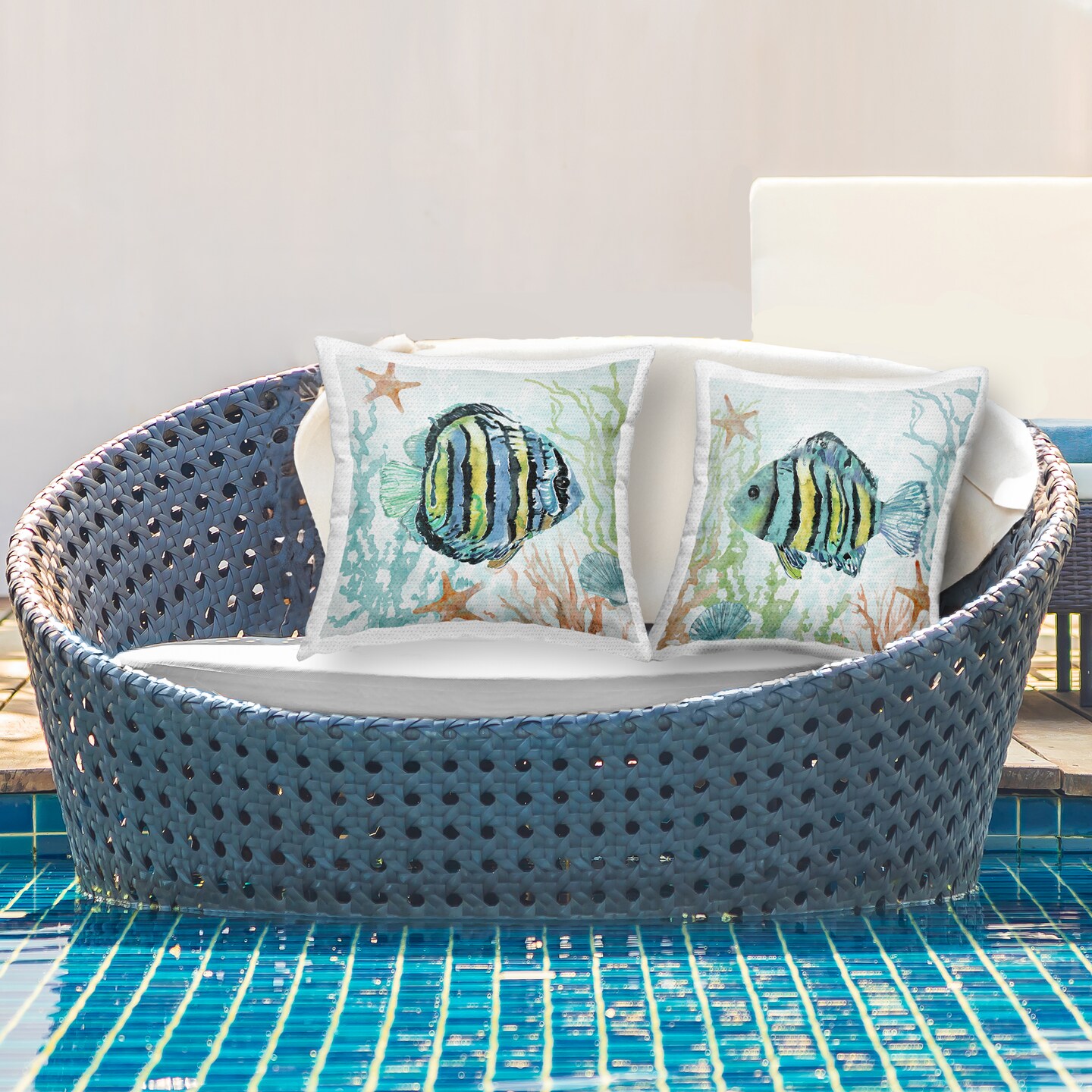 Tropical Striped Fish Underwater 2 PC Outdoor Printed Pillow Set Design by Carol Robinson, 18 x 7 x 18
