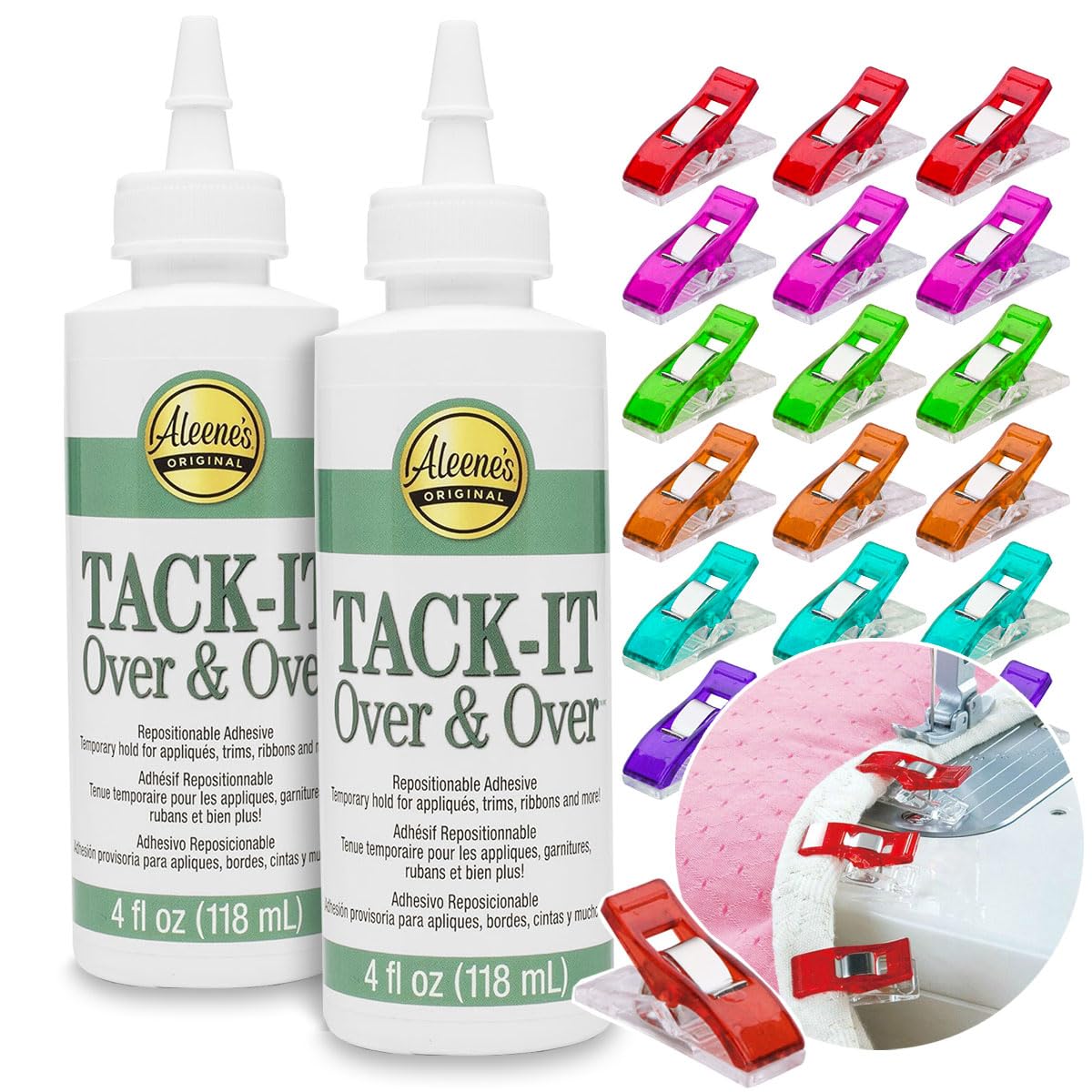 Aleenes Tack-It Over &#x26; Over Liquid Glue (2-Pack) (4 oz) + 20 Pixiss Fabric Clips &#x2013; Perfect for Temporary Fabric Bonding, Crafts, and Appliqu&#xE9; Projects