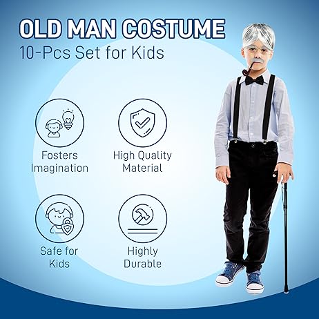 4E's Novelty Old Man Costume 10 Pcs Set for Kids ages 3-14 Years - 100 Days of School Costume for Boys Dress Up Accessories Includes Wig Cane