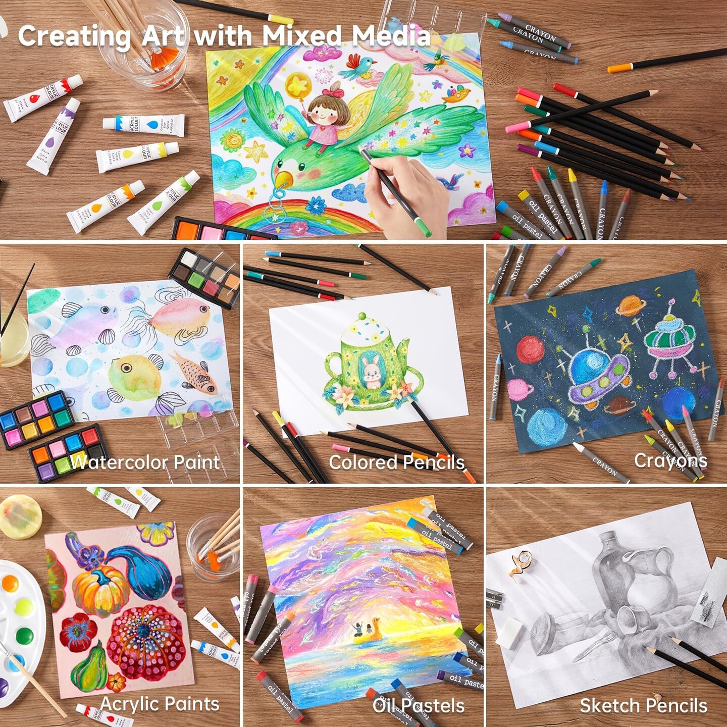 Deluxe Gift Art Kit, 202-Piece Wooden Art Supplies Set with 4 Drawing Pads, Canvases, Coloring Sheets, Acrylic Paint, Crayons, Oil Pastels, Colored Pencils for Kids