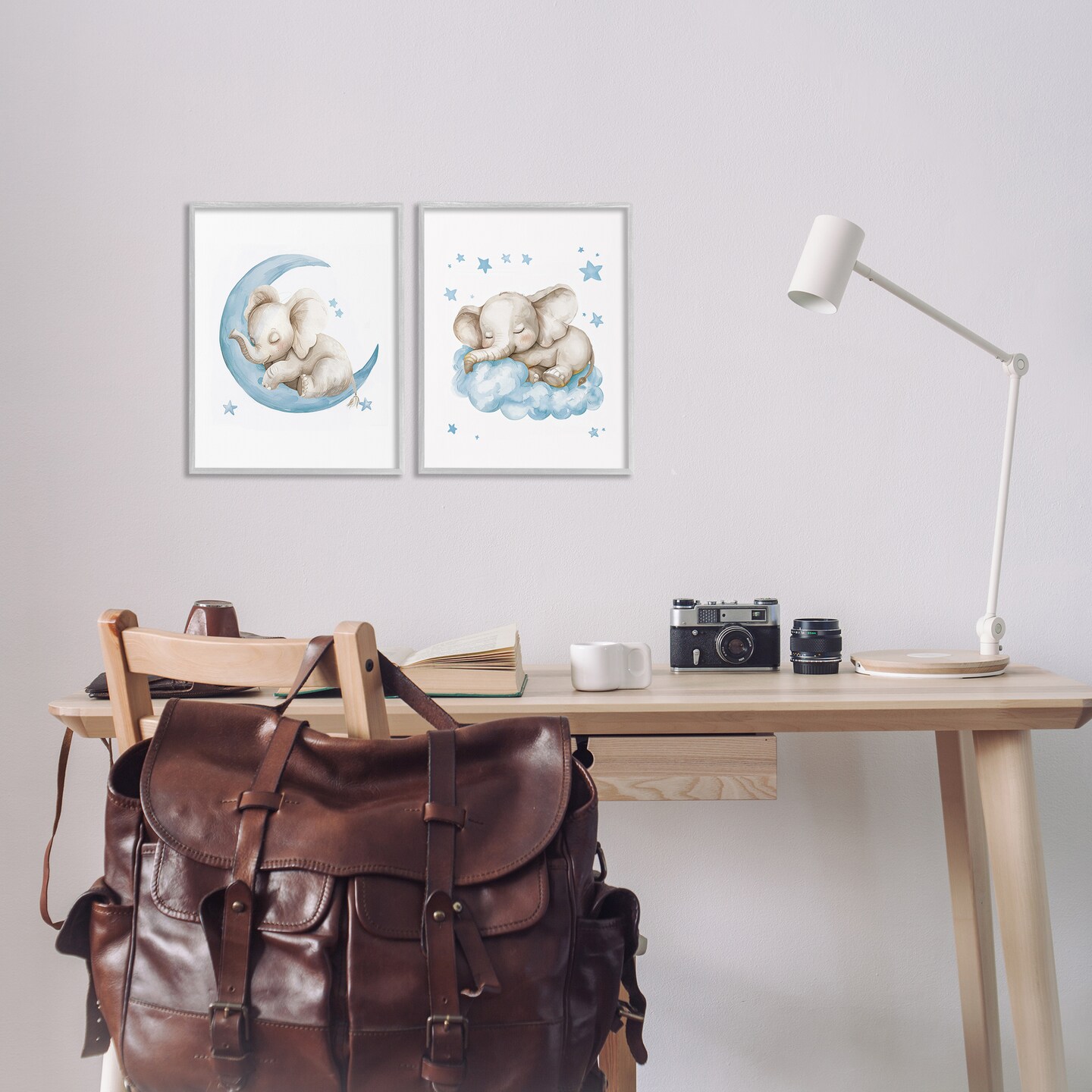 Stupell Industries Blue Sleepy Elephant 2 pc Framed Giclee Wall Art Set Design by LSR Design Studio
