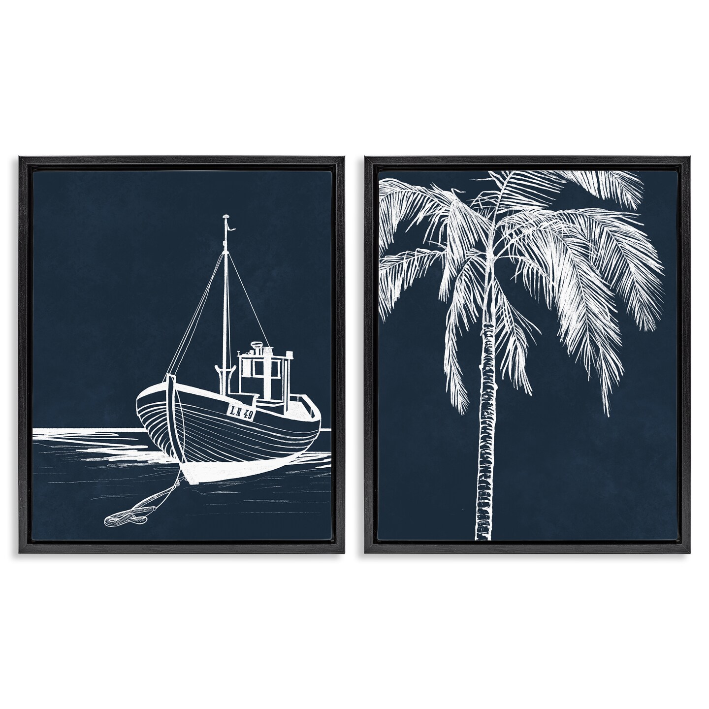 Stupell Industries Blue Boat & Palm 2 pc Framed Floater Canvas Wall Art Set Design by Leah Noel Art