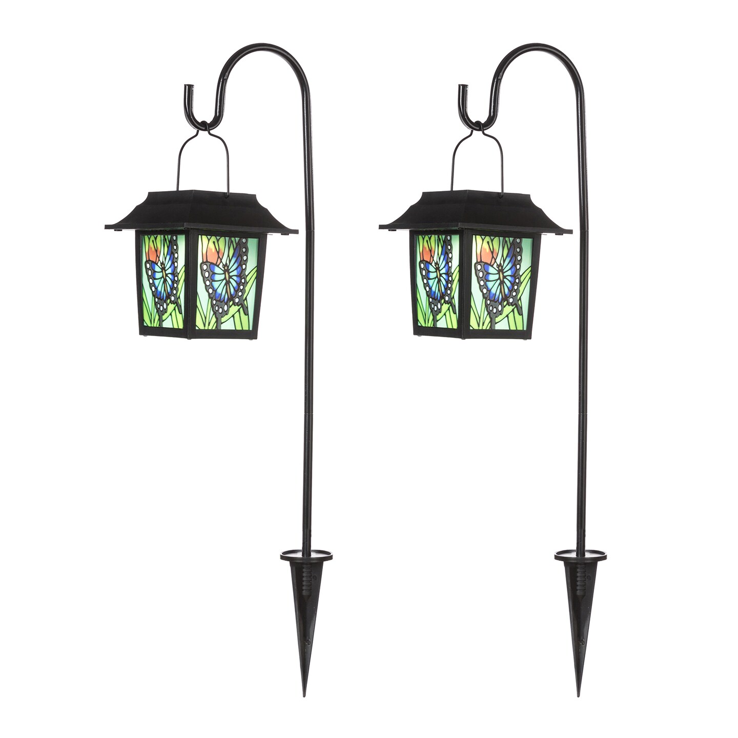 Set of 2 30&#x22;H Solar Powered Butterfly Scene Pattern Garden Lamp or Pathway Light with Ground Stake