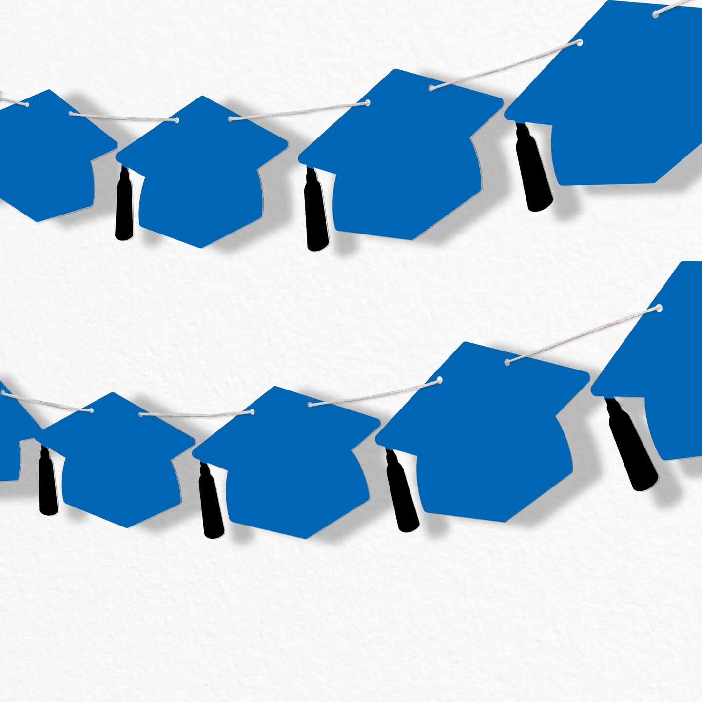 Big Dot of Happiness Blue Graduation Cap Garland Banner, High School or Elementary Graduate Photo Backdrop, 10 Feet of Cord, 15 Hats with Tassels