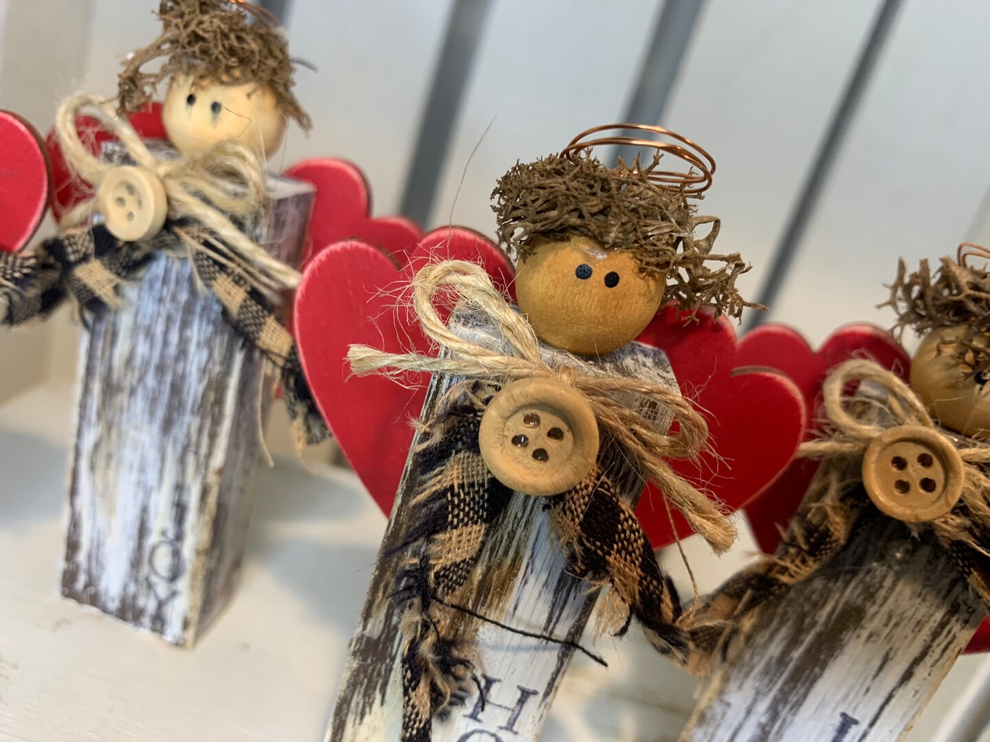 Rustic Small Wood Block Angel with Heart Wings; Stamped Love