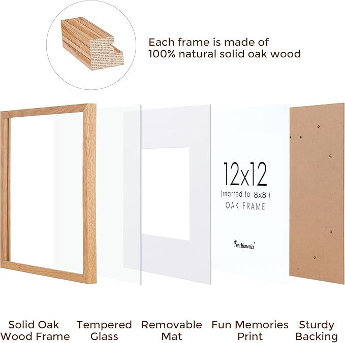 12x12 Picture Frame, Solid Oak Wood 12&#x22;x12&#x22; Photo Frame for Wall, 12 x 12 Frame Matted to 8 x 8, Square 12x12 Frame, Tempered Real Glass, 12 x 12 Collage Gallery Frames - Natural Oak Color, 1 Pack