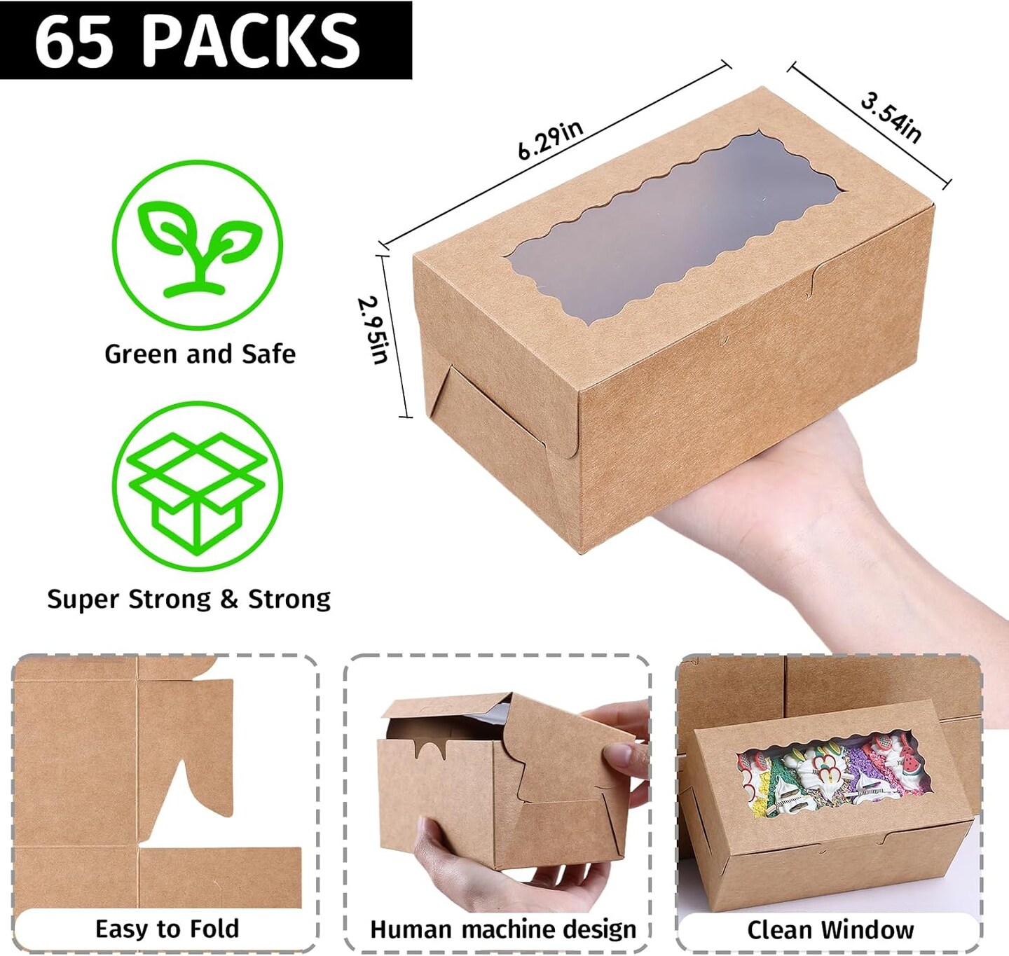 65 PCS Brown Bakery Boxes with Window 6.29 x 3.54 x 2.95 Inch Kraft Pastry Cookie Cupcake Cake Dessert Treat Gift Boxes with Ribbon for Parties Business and Takeout