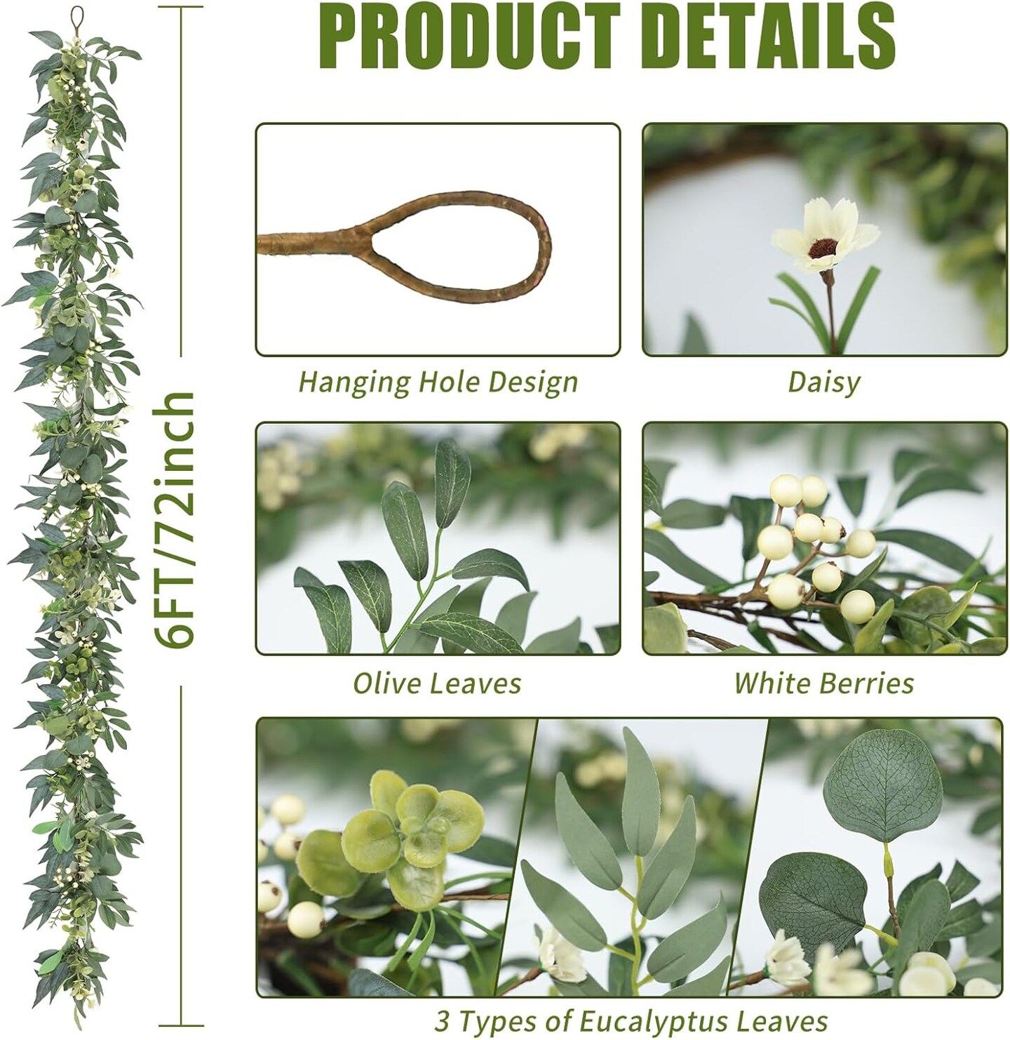 6 Ft Eucalyptus Garland with Lights, Artificial Silver Dollar Greenery