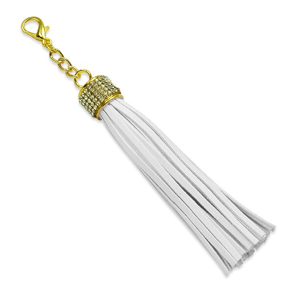 Joyce Rhinestone Leather-Like Tassel Charm w/ Lobster Clasp 4&#x22;