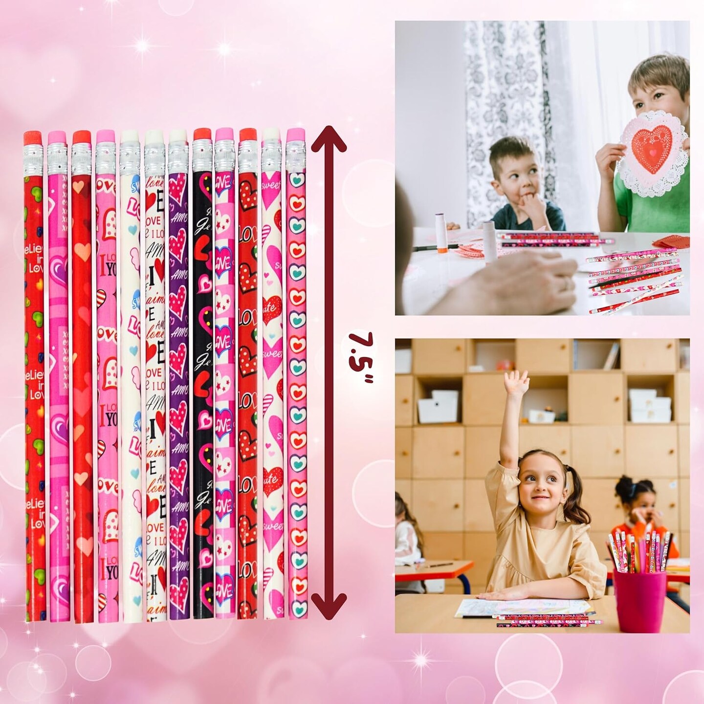 4E's Novelty 36 Pack - Valentines Pencils for Kids, Bulk with Erasers, Heart Themed Party Favors