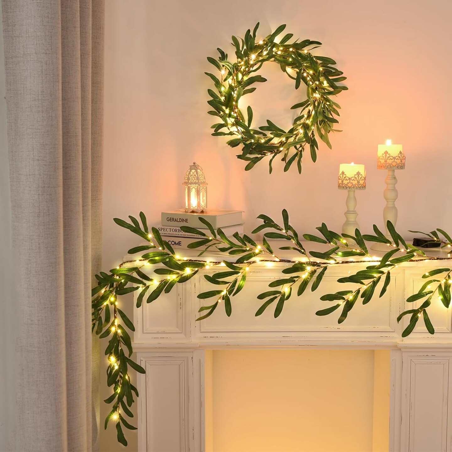6 Ft Olive Garland with Lights, Pre-Lit Artificial Greenery Decor