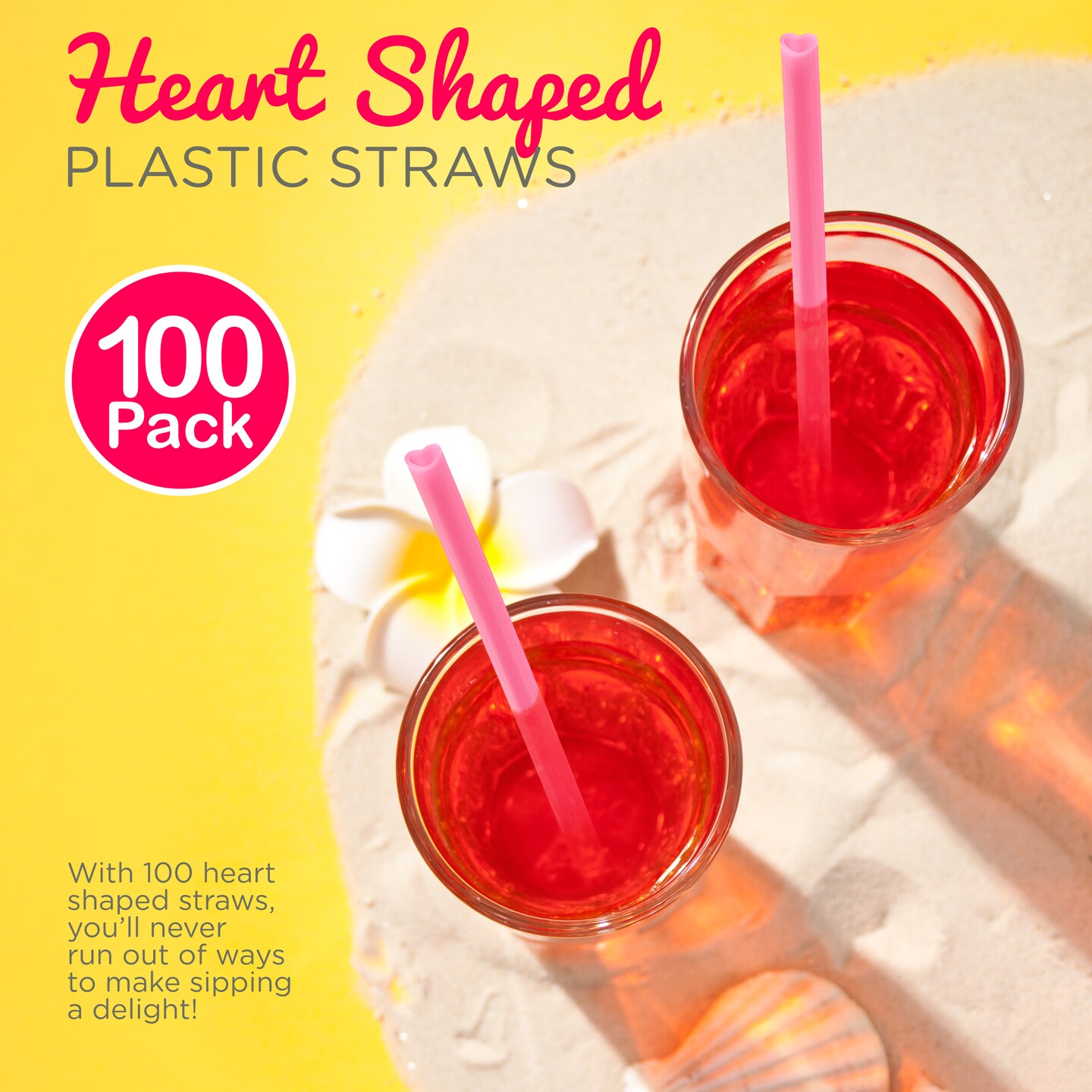 4E&#x27;s Novelty 100 Pink Heart Straws - Individually Wrapped Heart Shaped Straws for Valentine&#x2019;s Day, Cute Disposable Straws for Parties &#x26; Drinks