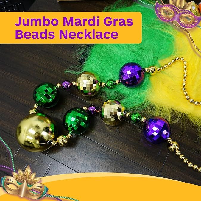 4E's Novelty Mardi Gras Jumbo Bead Necklace Purple Gold Green Huge Disco Ball Dress Up Necklace Accessory