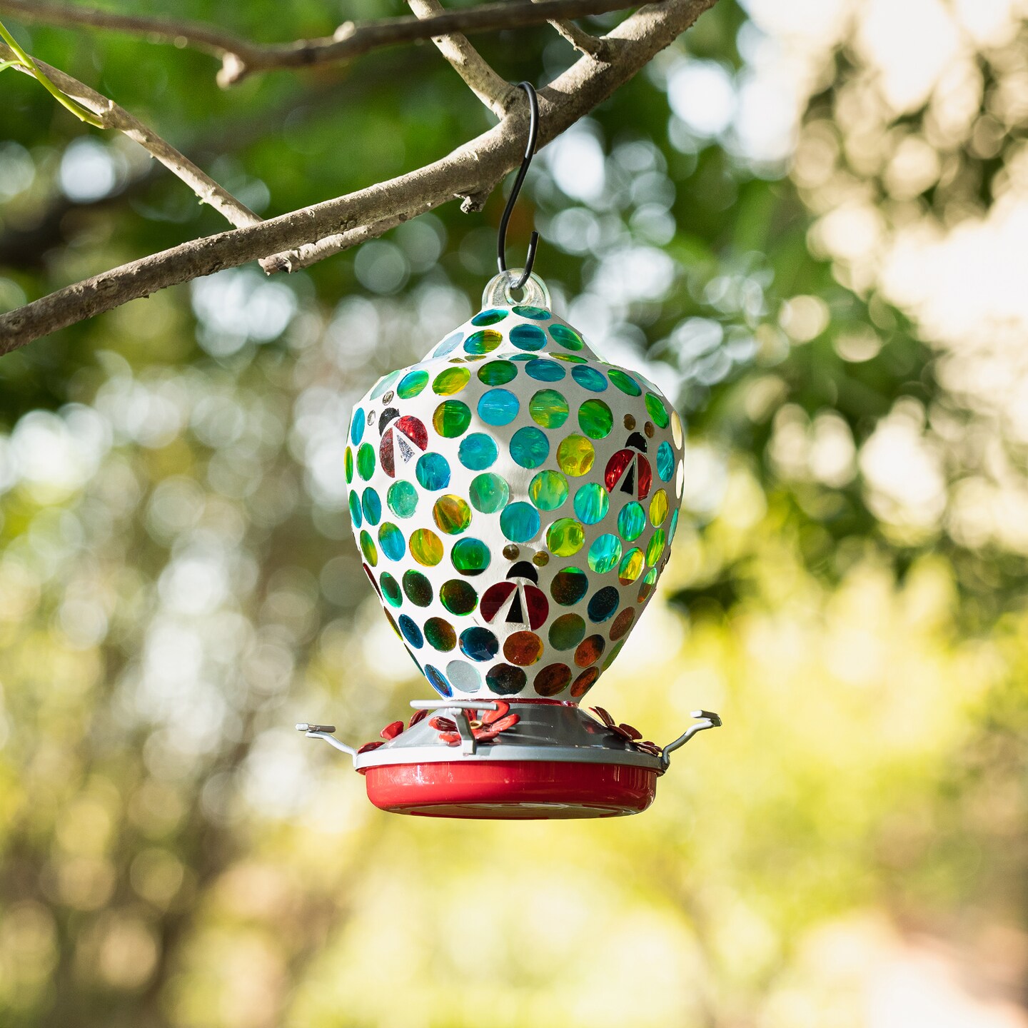 8.25&#x22;H Glass Hanging Blue/Green Dots &#x26; Ladybugs Mosaic Birdfeeder