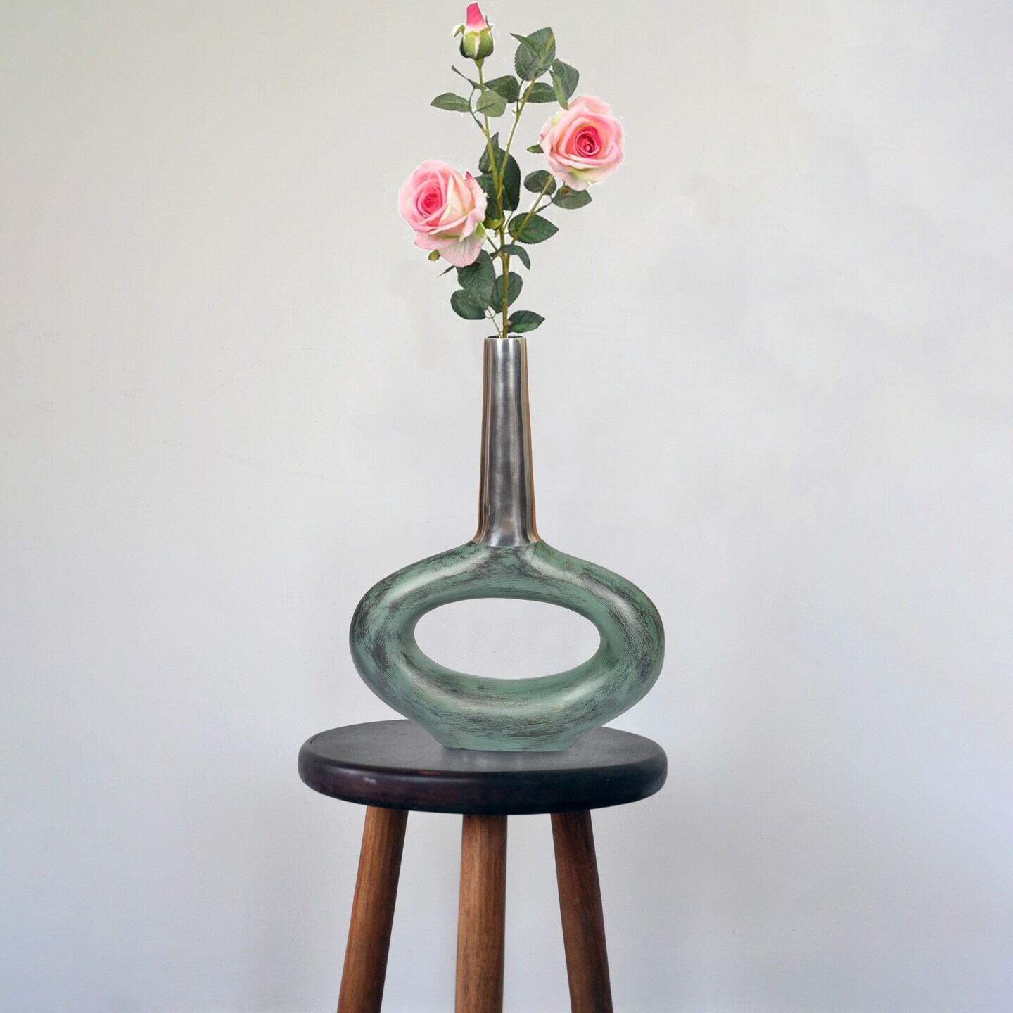 Decorative Antique Aluminium-Casted Table Centerpiece Flower Vase, Two Tone Patina Green ,Set of 2
