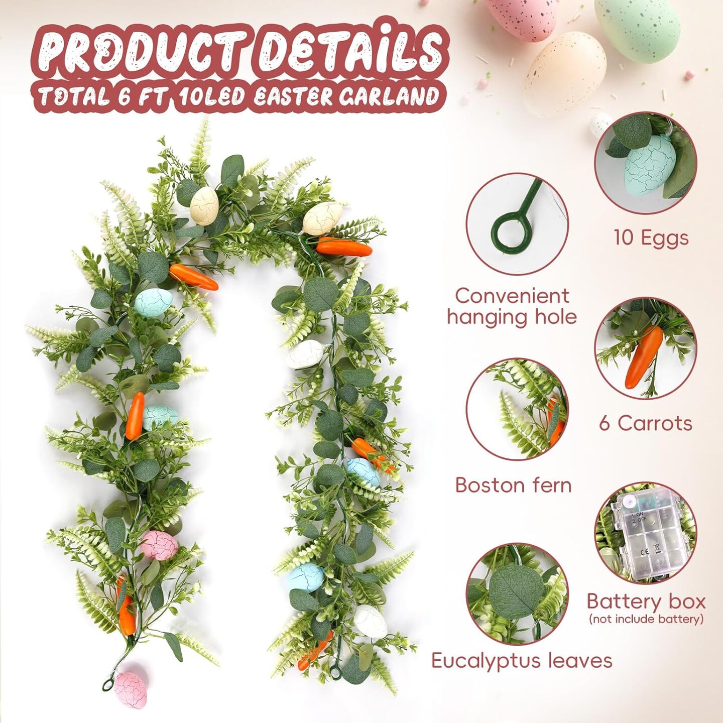 6 ft Easter Garland – Artificial Fern with 10 Glowing Eggs & 6 Carrots for Home Decor