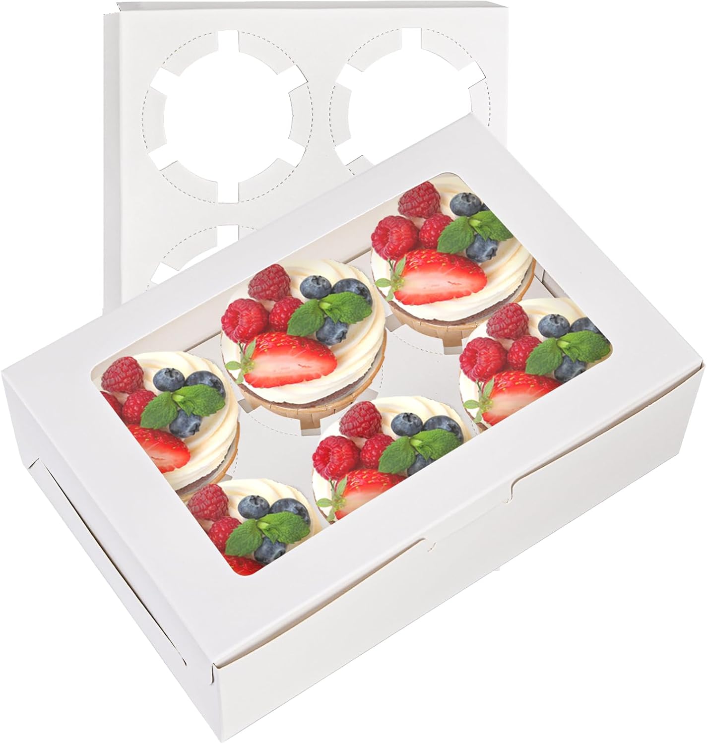 50-Pc White 6-Cupcake Boxes – Window Insert, Bakery Boxes for Muffins & Cookies