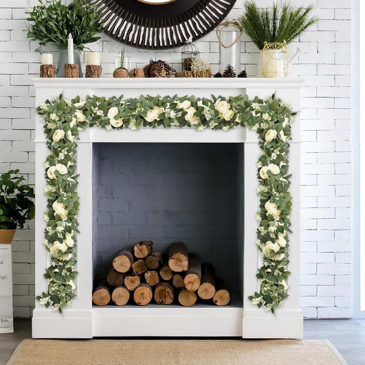 Eucalyptus Garland, 13Ft Artificial Greenery Garland Flower Decor, Green Spring Garland Wreath Vines Decorations for Table Home Wedding Mantle Party (Champagne)