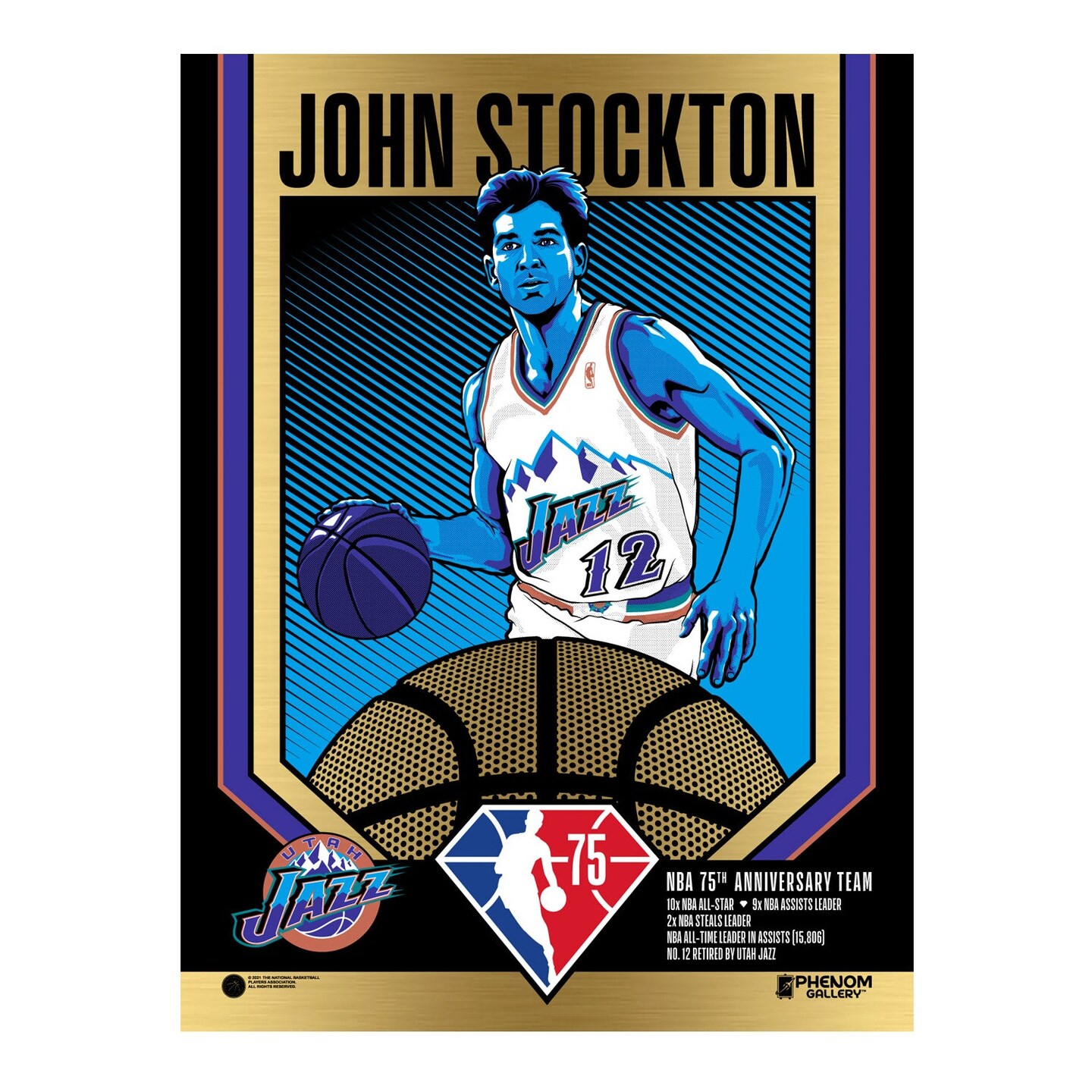 Phenom Gallery Utah Jazz 75th Anniversary John Stockton 18&#x22; x 24&#x22; Gold Foil Serigraph