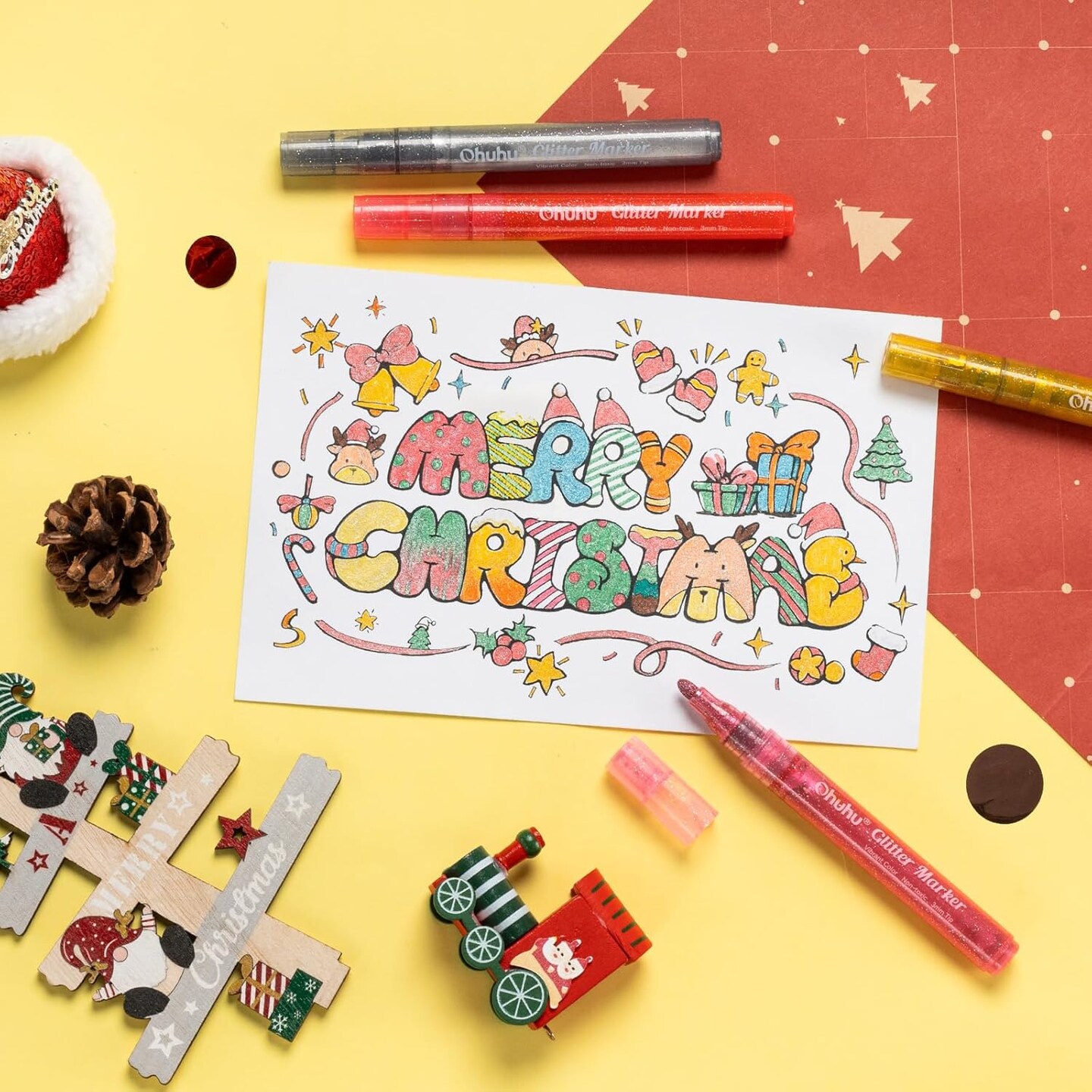 Ohuhu Glitter Markers Pen 18 Glitter Colors Metallic Shimmer Marker Fine Point Tip Water-based Ink for Kids Adults DIY Crafts Greeting Birthday Cards Making Poster Album Scrapbooking Mugs Wood