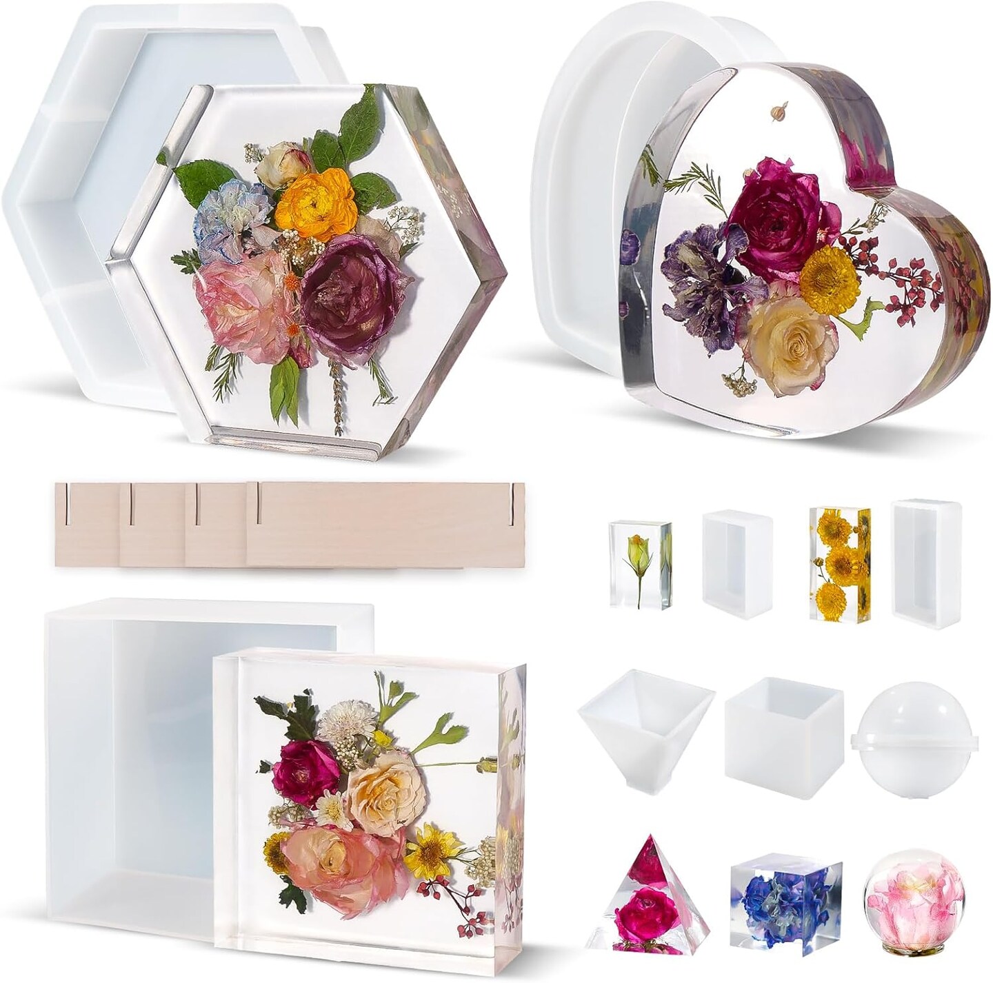 LET&#x27;S RESIN 8Pcs Resin Molds Silicone,Deep Epoxy Resin Molds for Flower Bouquet Preservation,Large Silicone Molds for Resin Casting Craft Including Square Hexagon Heart Resin Mold
