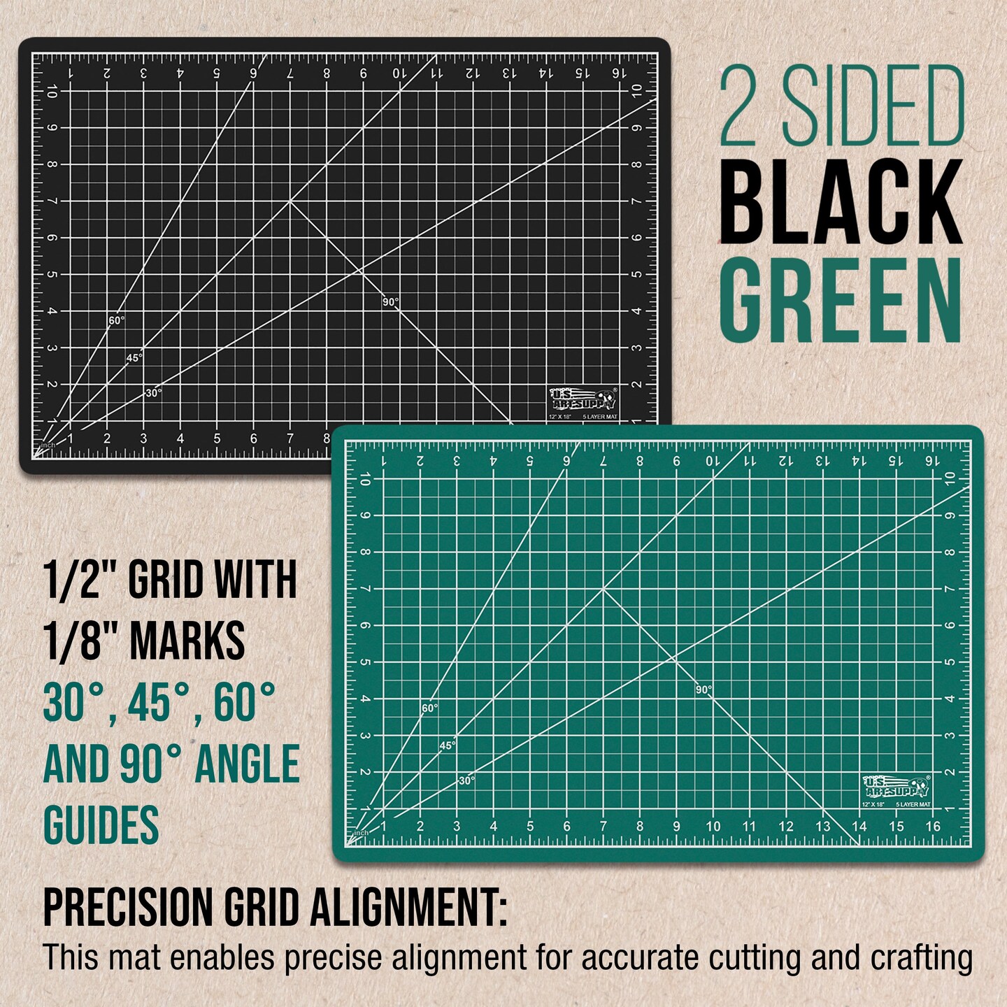 12&#x22; x 18&#x22; Green/Black Professional Self Healing 5-Ply Double Sided Durable Non-Slip Cutting Mat Great for Scrapbooking Quilting Sewing Arts Crafts