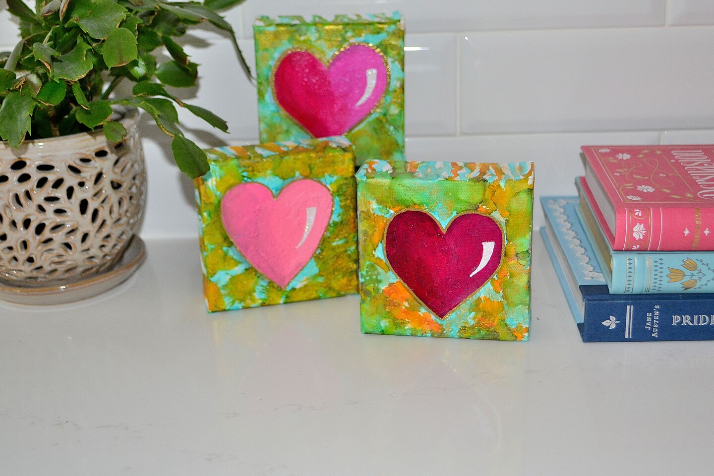 Abstract Rose Pink Heart Painting – 4x4 Inch Acrylic Canvas, Handmade Shelf Decor - image10