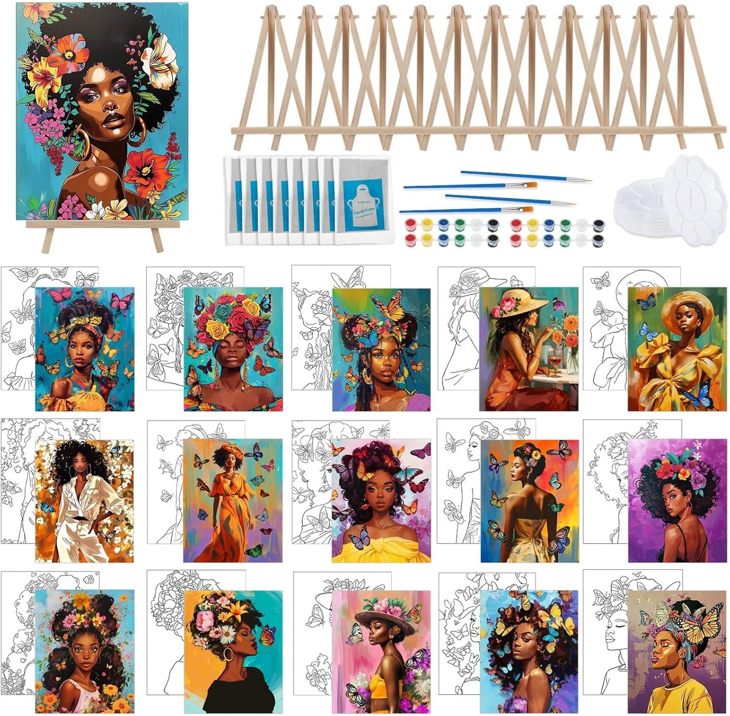 16-Set Pre-Drawn Canvas Painting Kit for Sip & Paint Parties – 8 x 10 Inch Preprinted Canvases with Easels, Brushes, Paints & Disposable Aprons for Adults & Kids (Black Girl Theme)