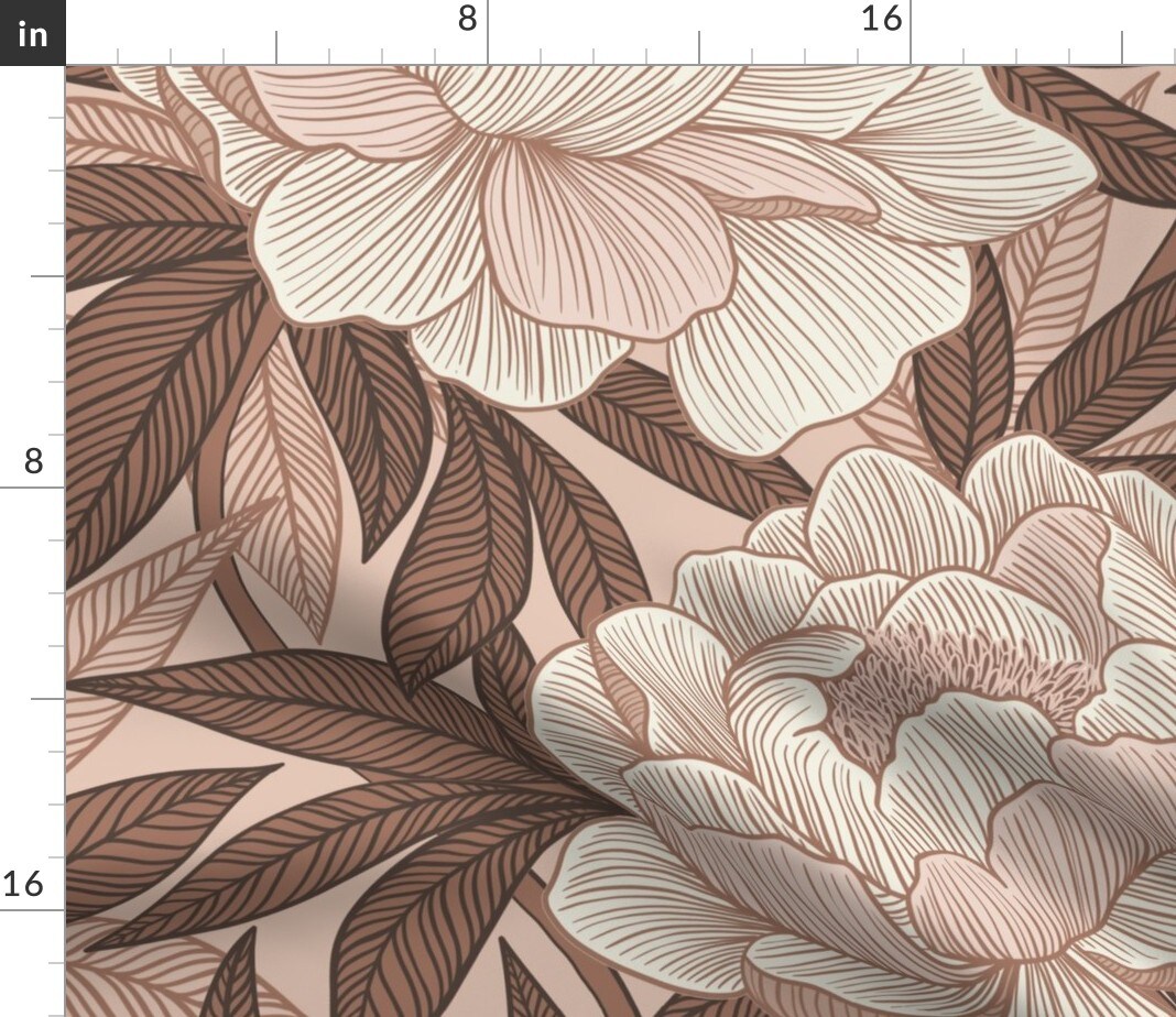 Monochrome Floral Botanical Bohemian Maximalist Glam Linework Boho Jumbo Brown Pink Custom Printed Fabric by Spoonflower Various Fabrics by the Yard or Fat Quarter