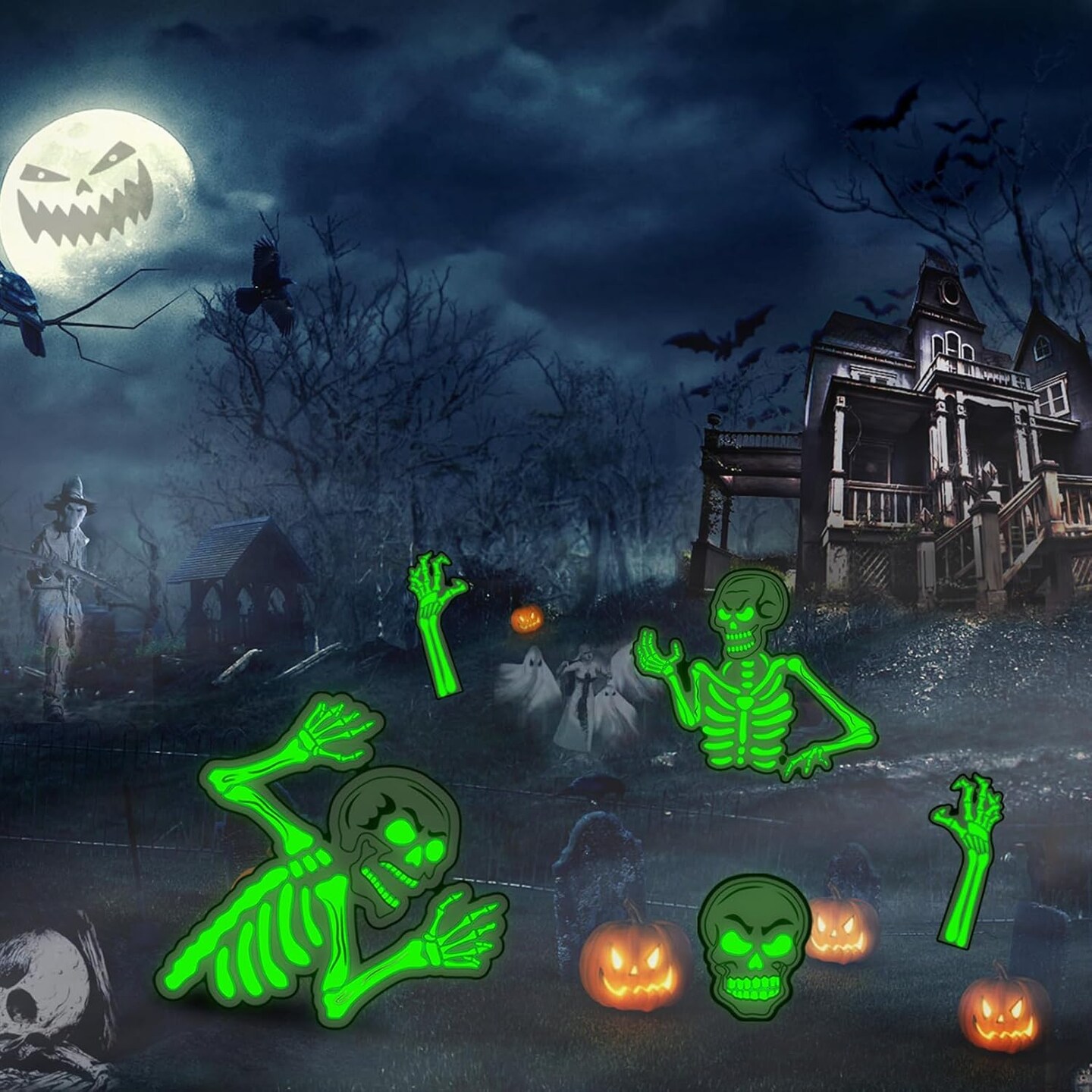5 Pack Glow in The Dark Halloween Skeleton Yard Signs,Luminous Halloween Graveyard