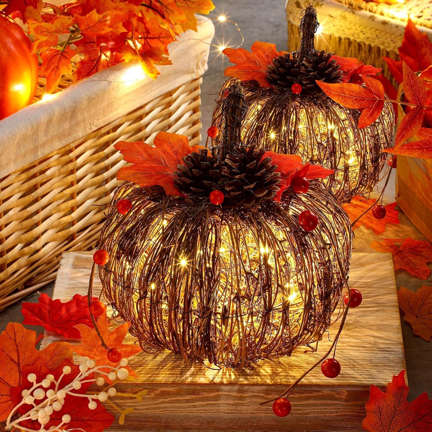 2 Pcs Rattan Lighted Pumpkin Fall Decorations - Brown