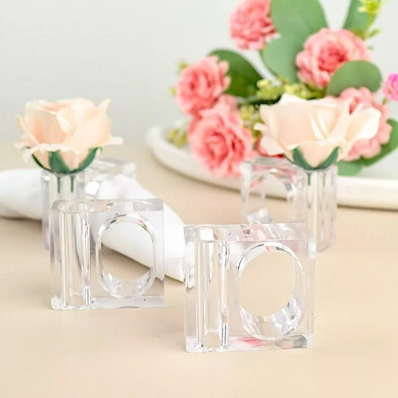 4 Clear Square Acrylic Dinner NAPKIN RINGS Mini Flower Holders Party Decorations