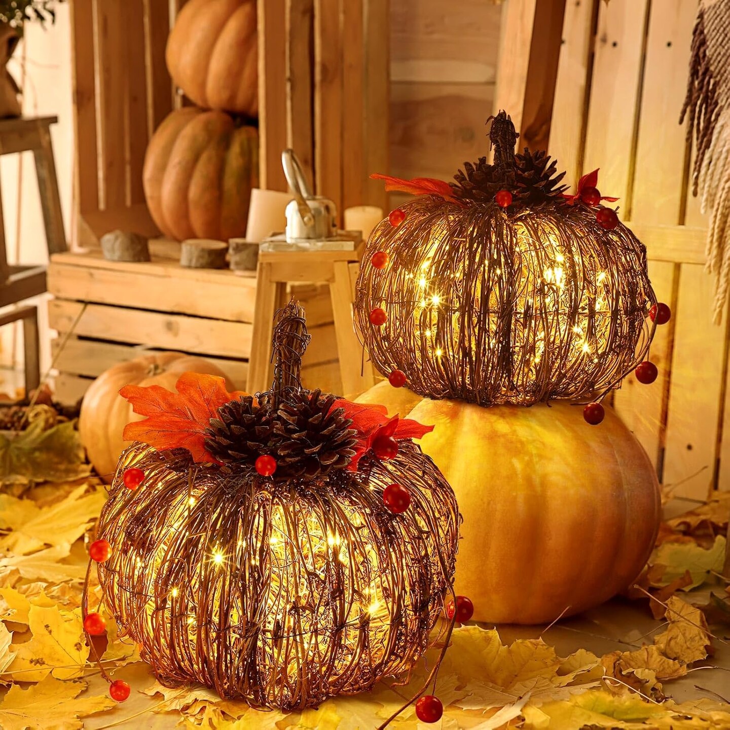 2 Pcs Rattan Lighted Pumpkin Fall Decorations - Brown