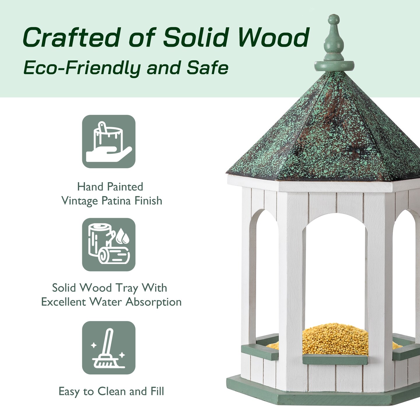 15.75&#x22;H Patina Metal Roof Solid Wood Gazebo Tray Bird Feeder