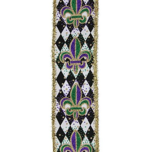 2.5&#x22; Fleur De Lis Harlequin Tinsel Ribbon: Mardi Gras (10 Yards)