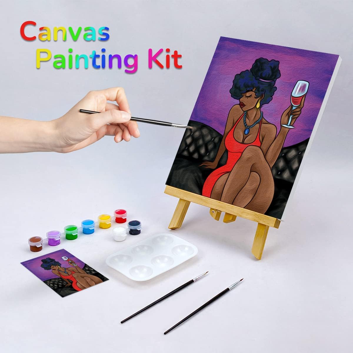 Sip & Paint Pre Drawn Canvas Kit for Adults – 8x10 Inch Painting Set with 8 Acrylic Colors, 3 Brushes, Palette – Chic Girl Art Party Supplies for Painting Parties, Birthdays, & Art Classes (White)