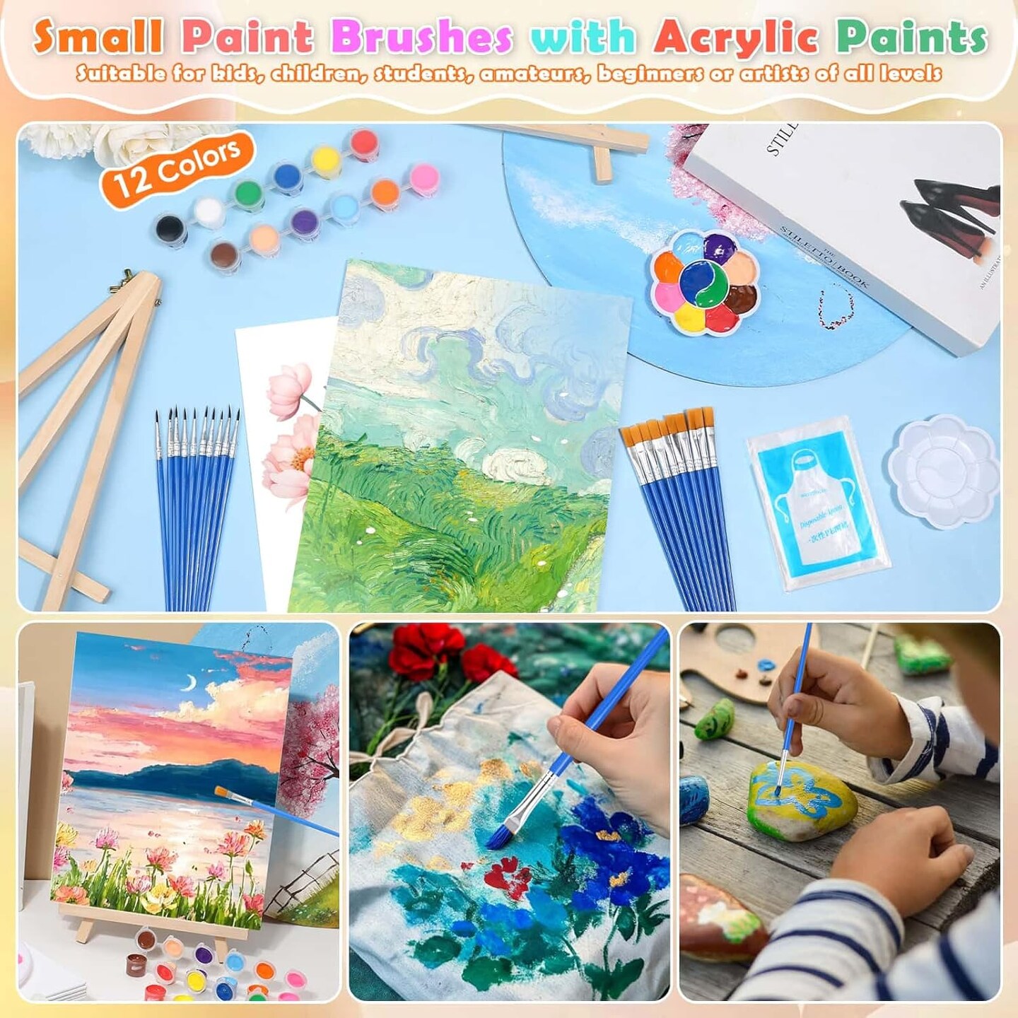 10-Pack 8x10 Inch Canvas & Easel Set – Mini Acrylic Paint & Brush Kit with Paint Trays, Disposable Aprons for Adults & Kids, Sip & Paint Party Supplies