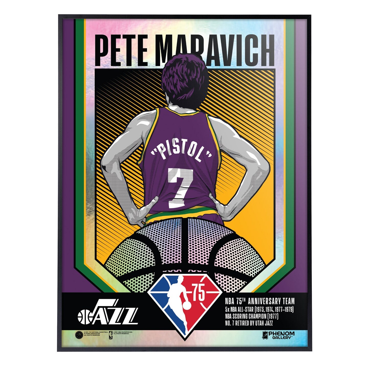 Phenom Gallery Utah Jazz 75th Anniversary Pistol Pete Maravich 18" x 24" Deluxe Framed Foil Serigraph (Printer Proof)