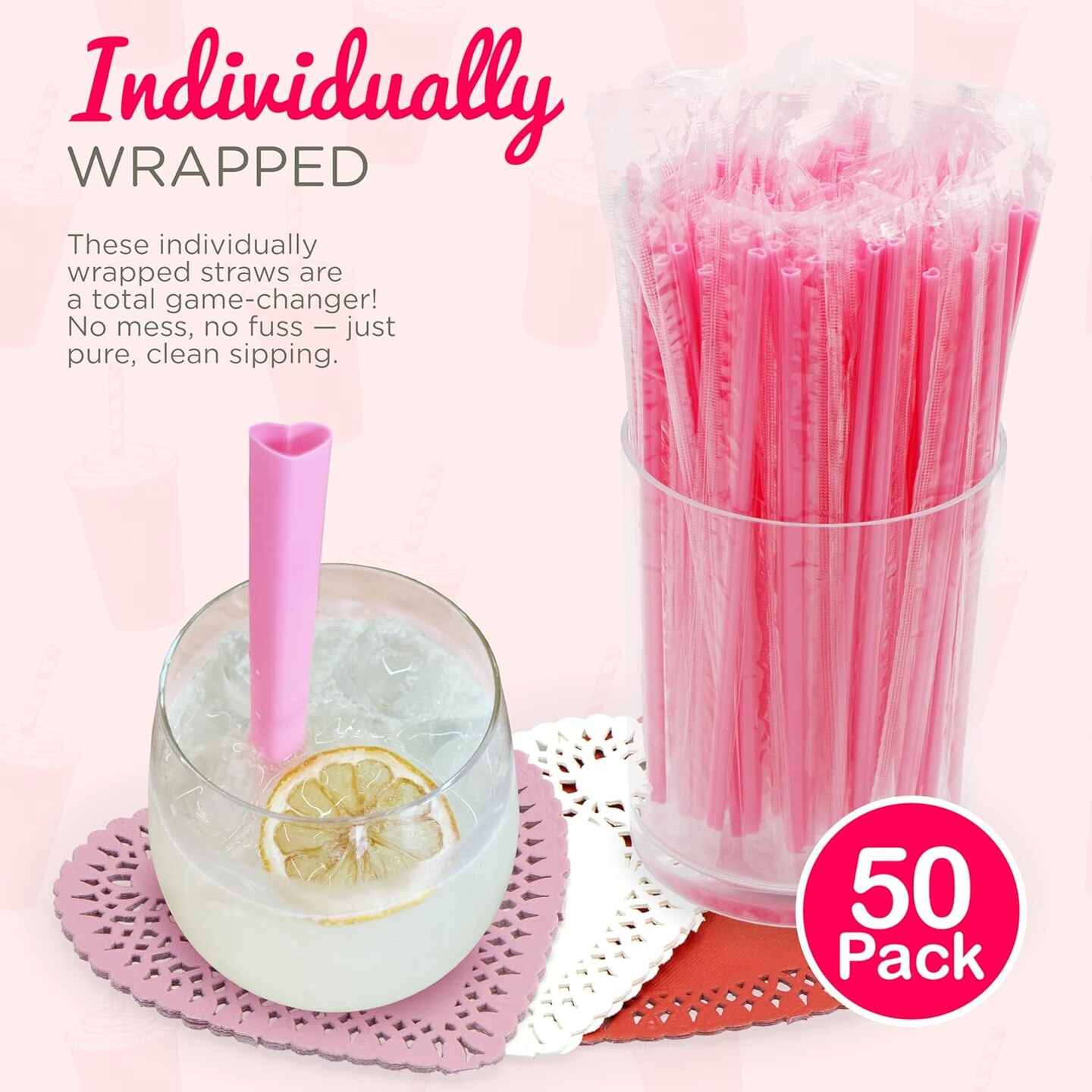 4E&#x27;s Novelty 50 Pcs Pink Heart Shaped Straws &#x26; Doilies