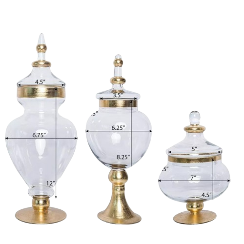 3 pcs 11" 16" 18" tall Clear Glass Gold Trim Apothecary Jars Candy Buffet